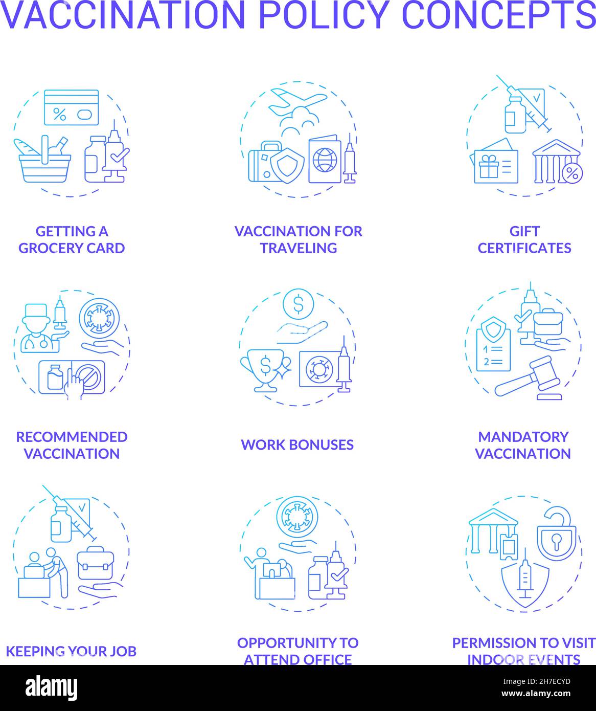 Vaccination policy blue gradient concept icons set Stock Vector