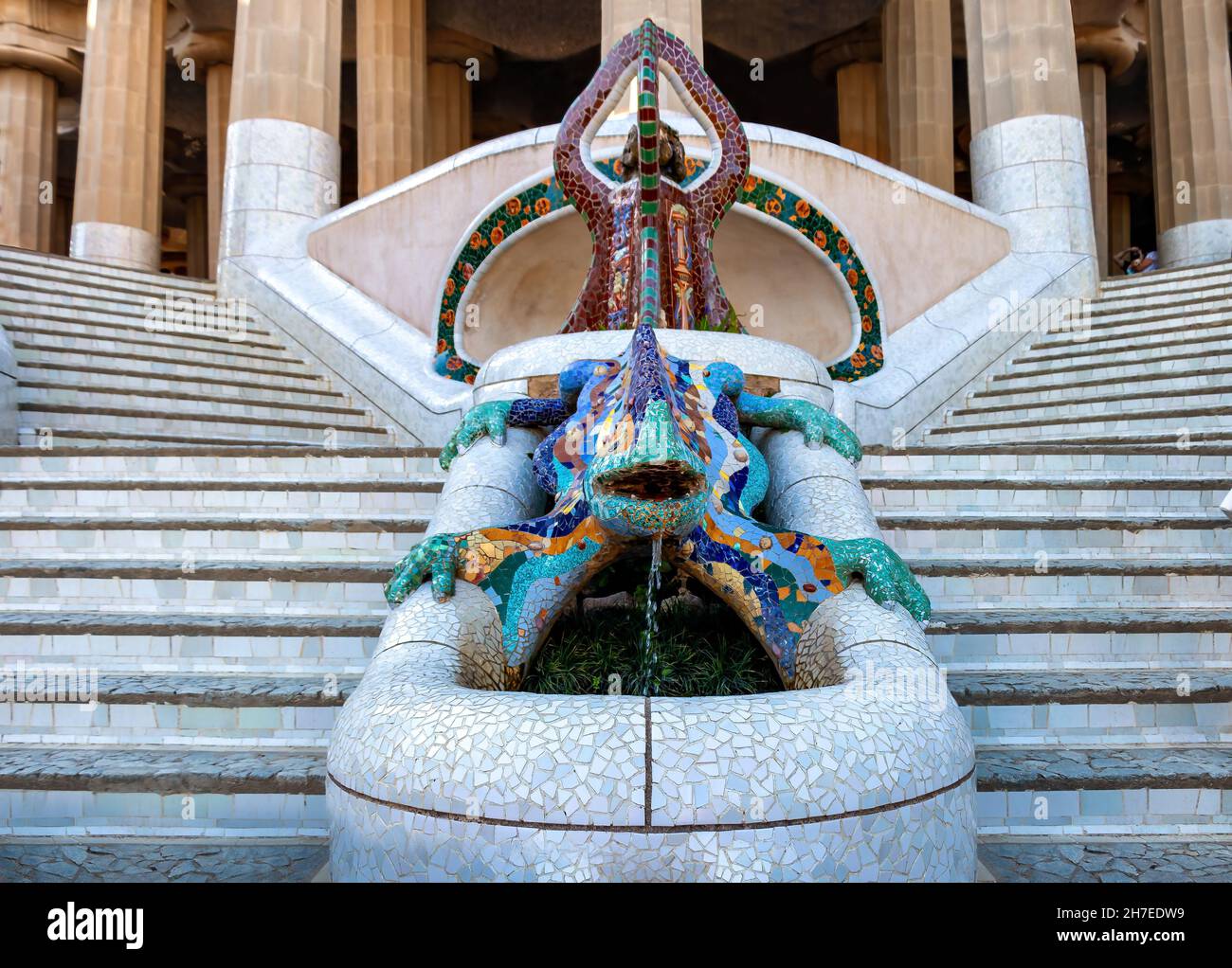 Famous mosaic lizard or salamander fountain in Park Guell. Mosaic sculpture in the Parc Güell designed by Antoni Gaudí located on Carmel Hill, Barcelo Stock Photo