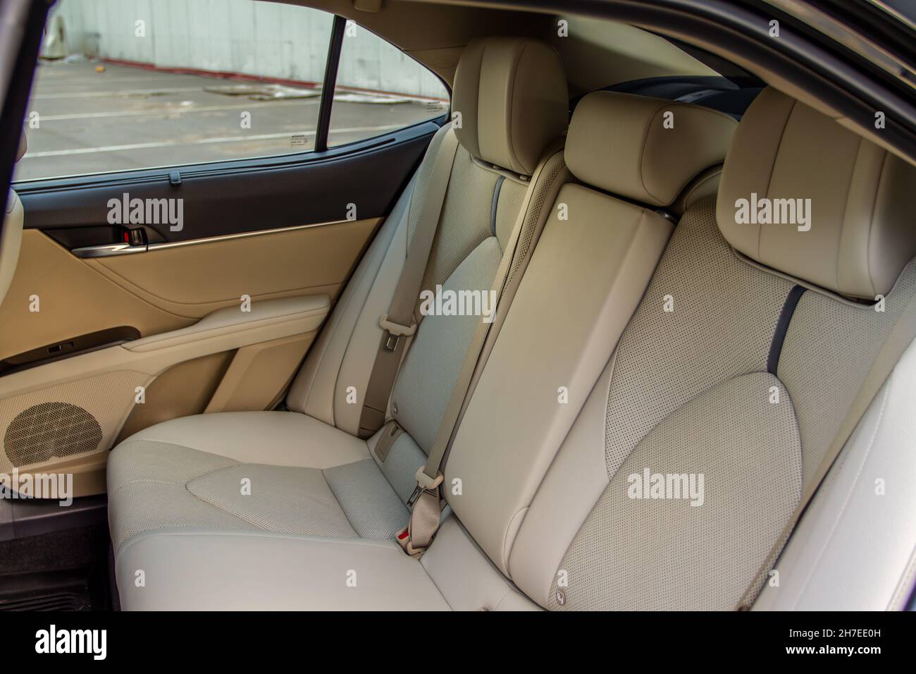 Modern sedan car inside. Leather back passenger seats in modern luxury
