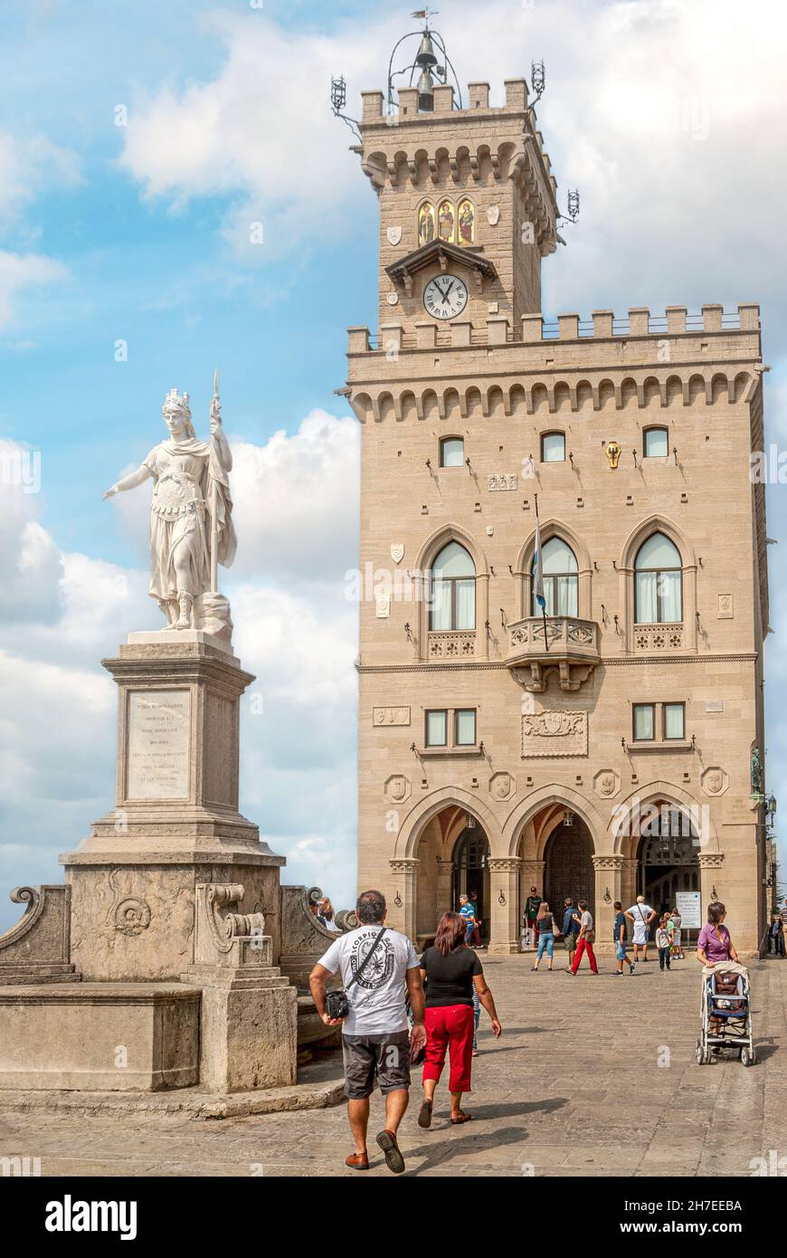 Tourists at the Piazza Della Liberta with the Palazzo Publico, historical town center of San Marino Stock Photo