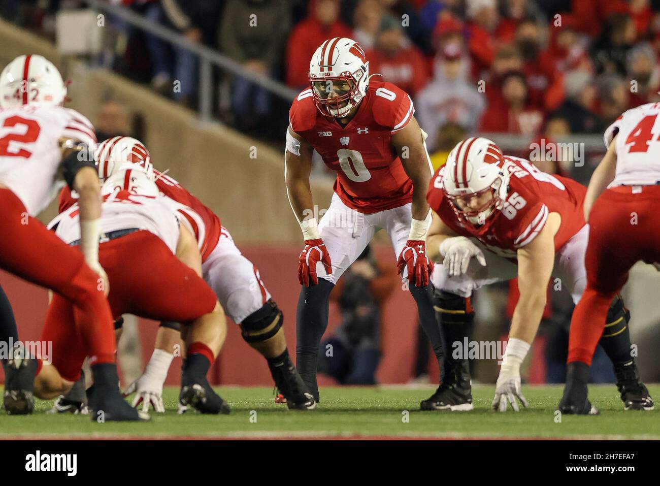 Madison, WI, USA. 20th Nov, 2021. Wisconsin Badgers running back Braelon Allen (0) during the NCAA Football game between the Nebraska Cornhuskers and the Wisconsin Badgers at Camp Randall Stadium in Madison, WI. Darren Lee/CSM/Alamy Live News Stock Photo