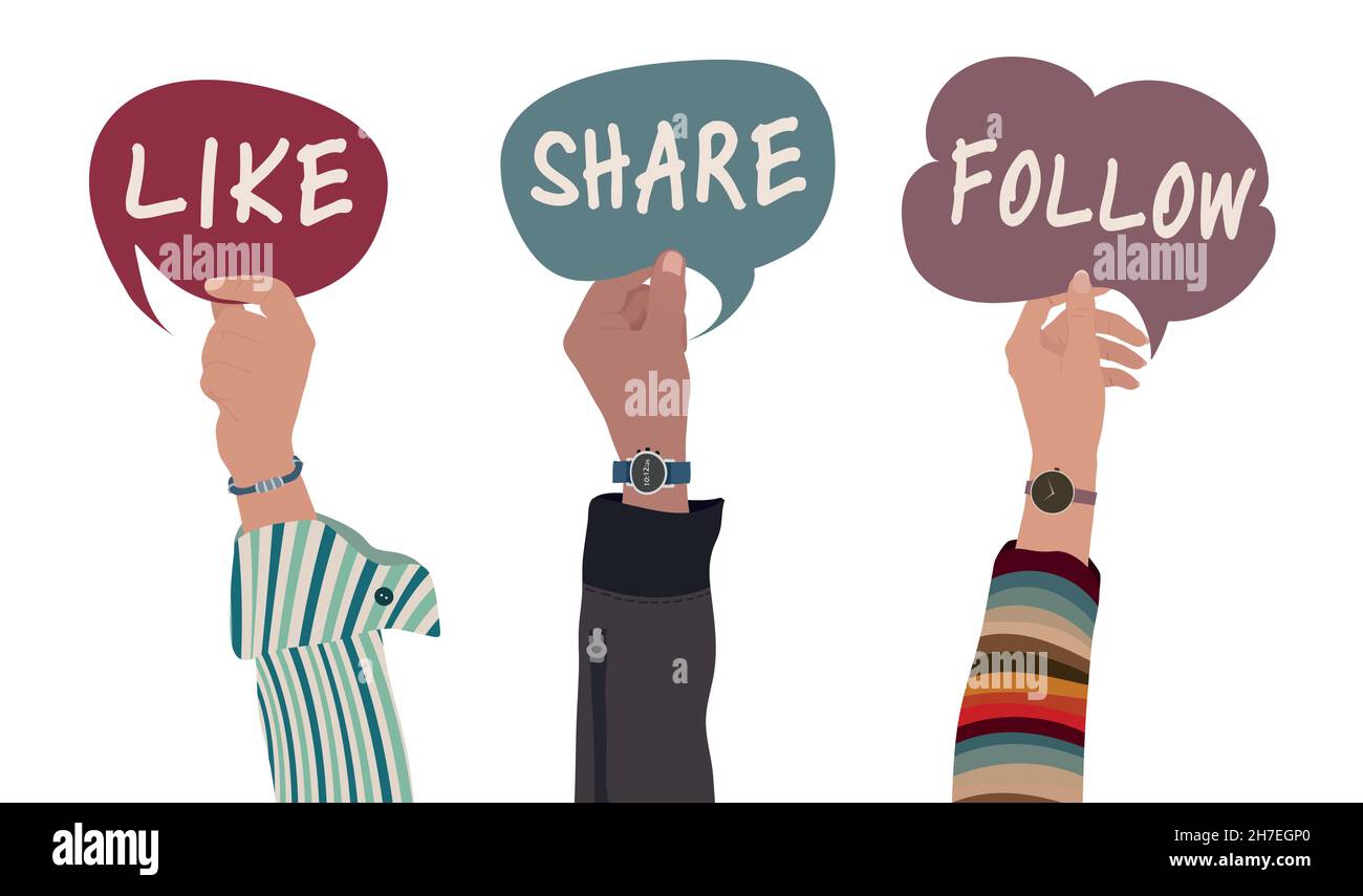 Raised hands and arms of colleagues or friends holding speech bubble with the text -like-share-follow- inside. Concept of communication and sharing Stock Vector