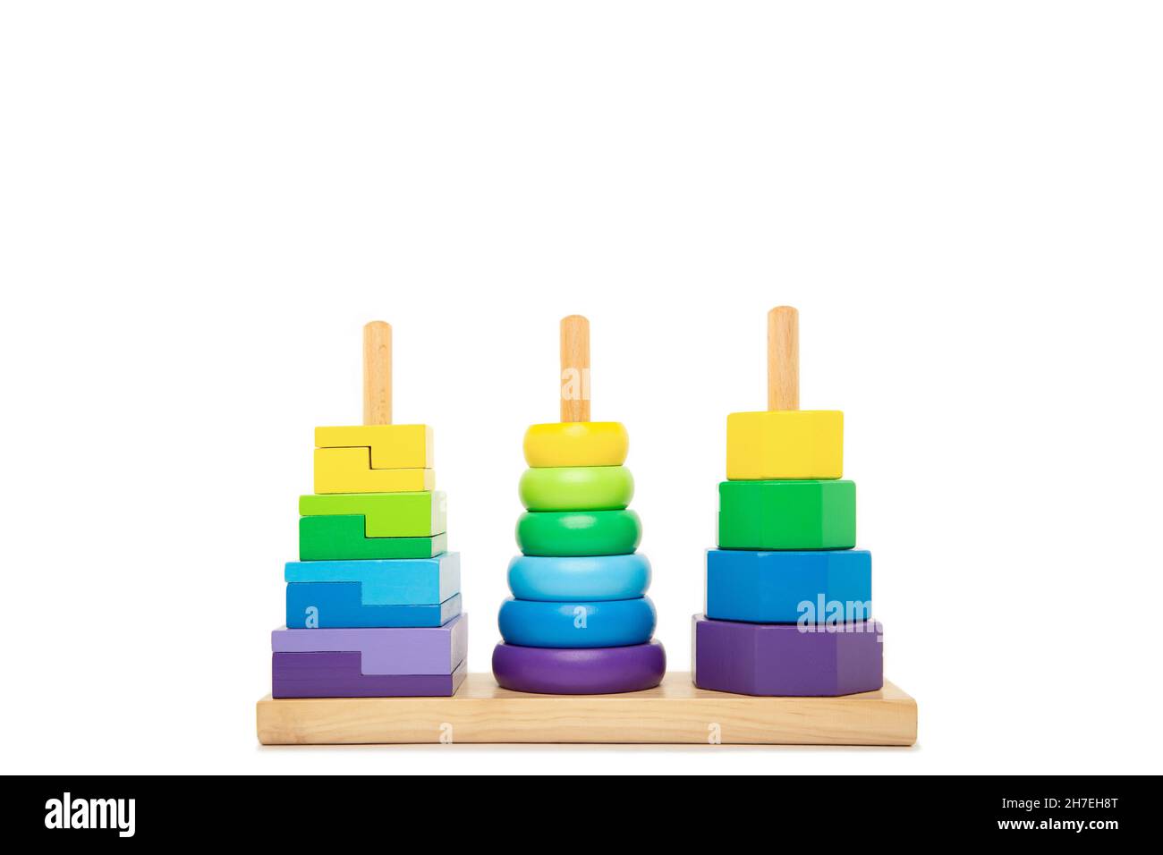 Bright coloured stacking toy for toddlers front view. Concept of Montessori kindergarten, Waldorf kindergarted, Early Childhood Eduation, Special need Stock Photo