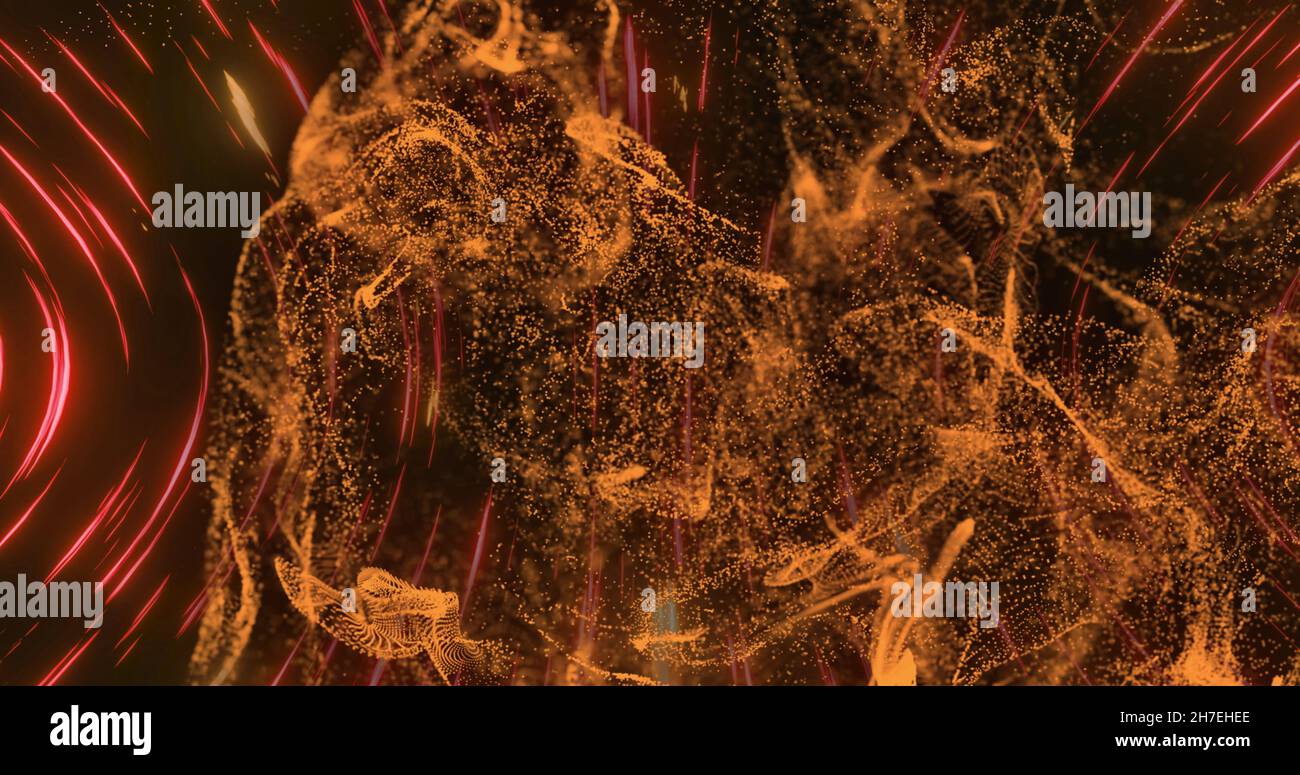 Image of orange and yellow particles moving with red and pink light streaks on black background Stock Photo