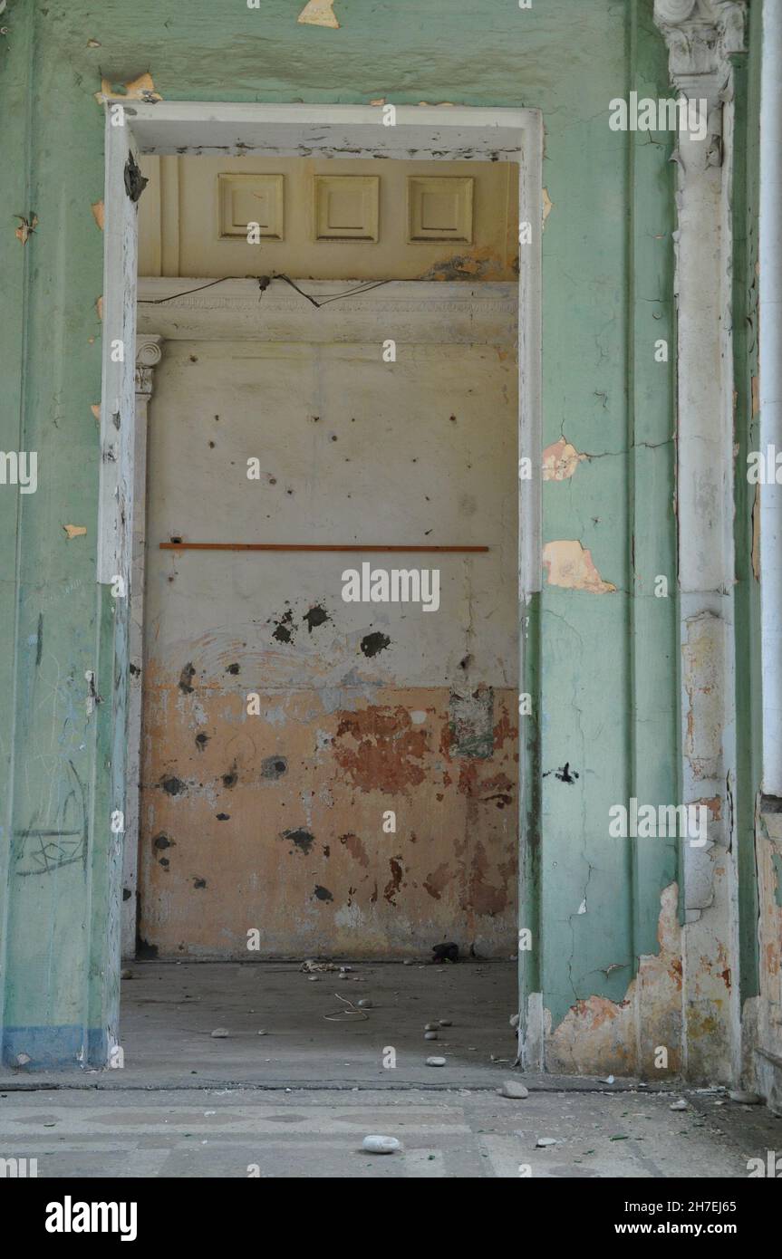 Bullet holes in the abandoned Abkhazian Parliament Building in Sukhumi ...