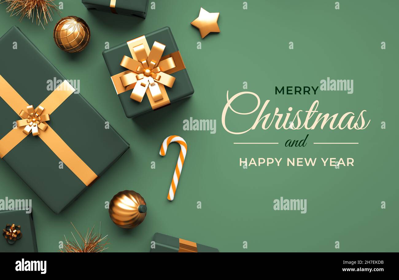 Merry Christmas banner design with presents, balls and text on a green background. Xmas and happy new year type for overhead view greeting card in 3D Stock Photo