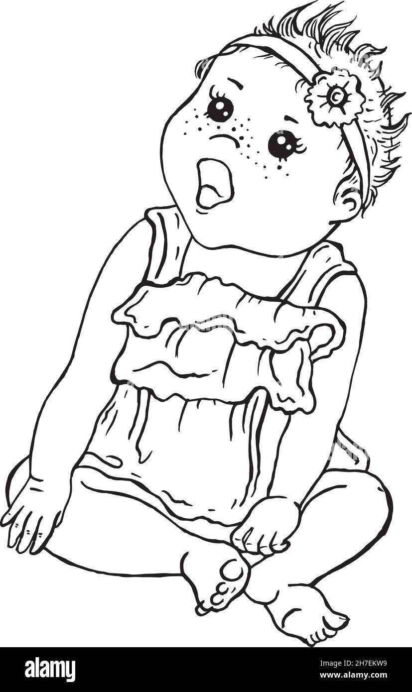 cute black white graphic contour drawn girl isolated on white