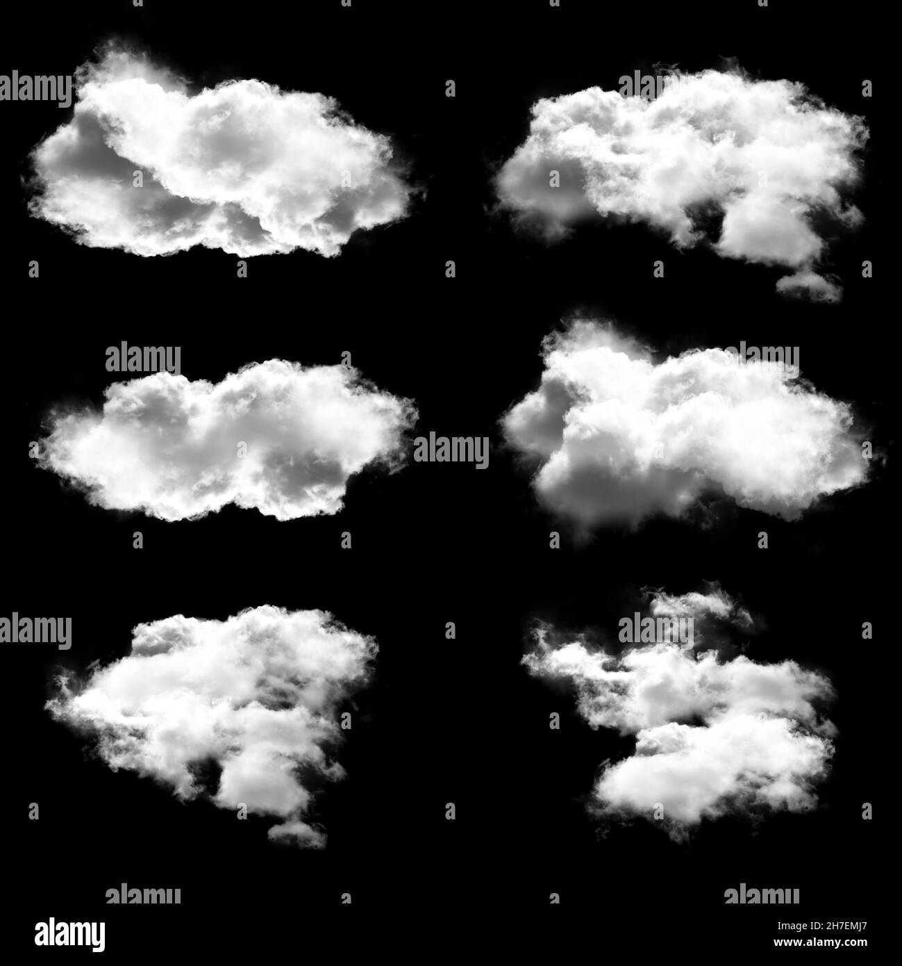 White clouds set, natural 3D illustration of fluffy cumulus clouds isolated over black background, cloudscape 3D rendering Stock Photo