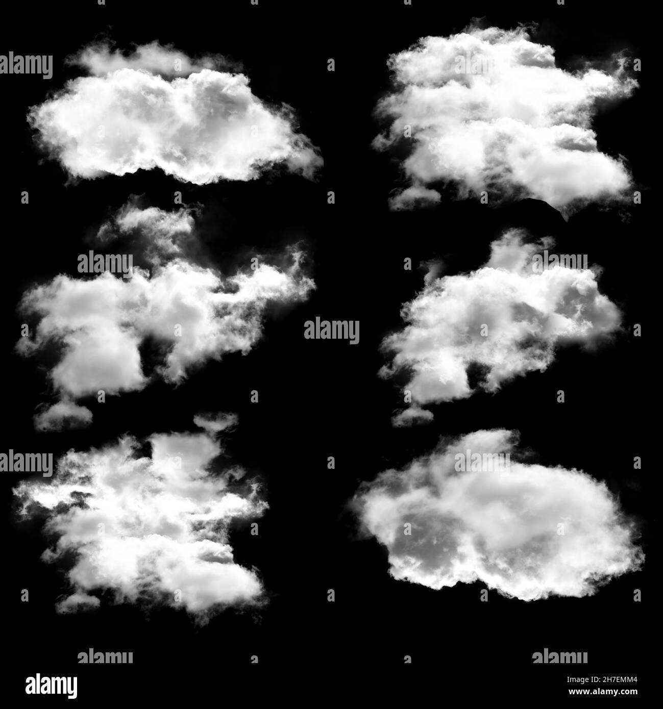 White clouds set, natural 3D illustration of fluffy clouds isolated over black background, smoke or fog 3D rendering collection Stock Photo
