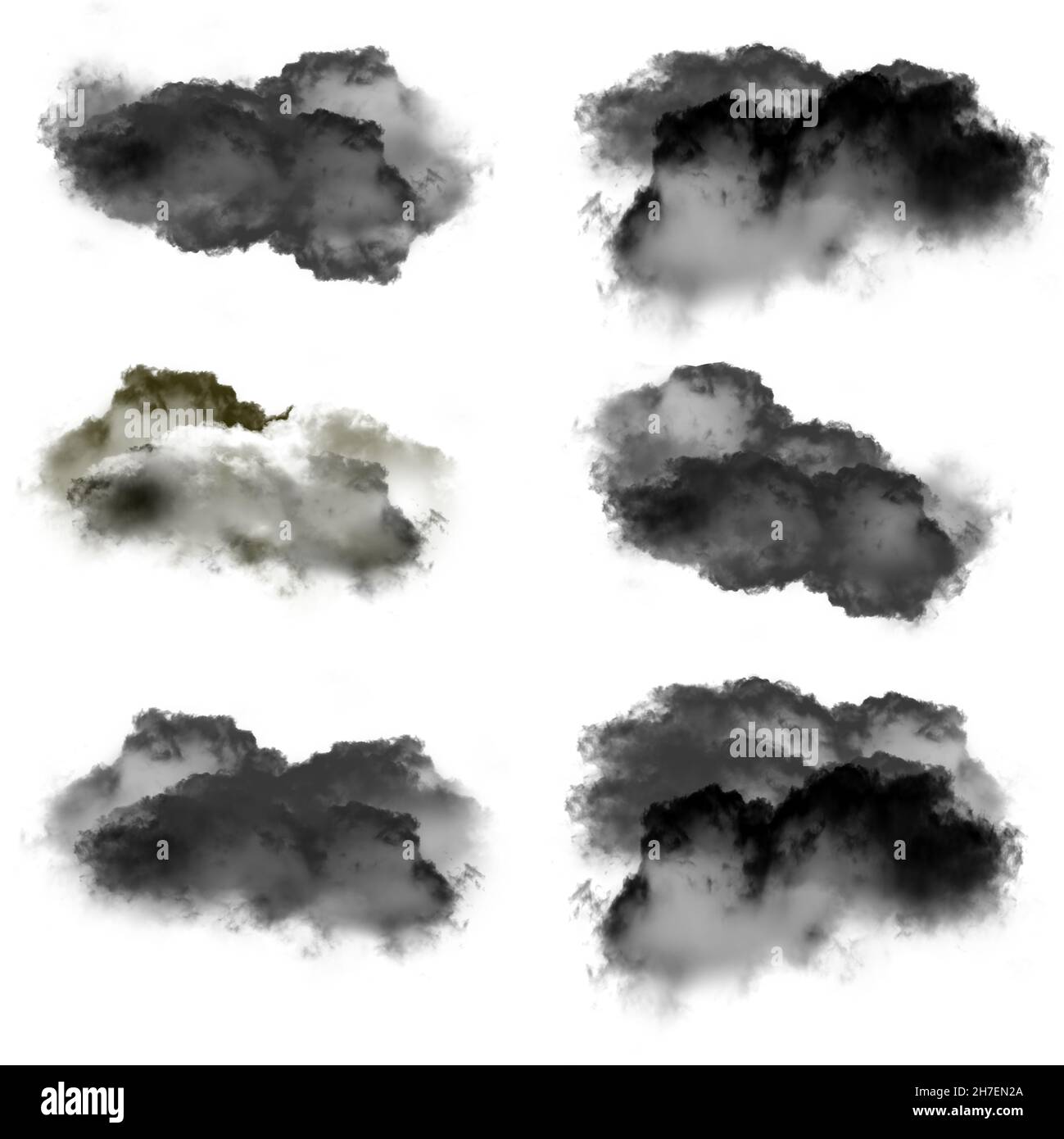 Black clouds of smoke isolated over white background 3D illustration, dirt or dust shapes collection, natural smoke from fire rendering Stock Photo