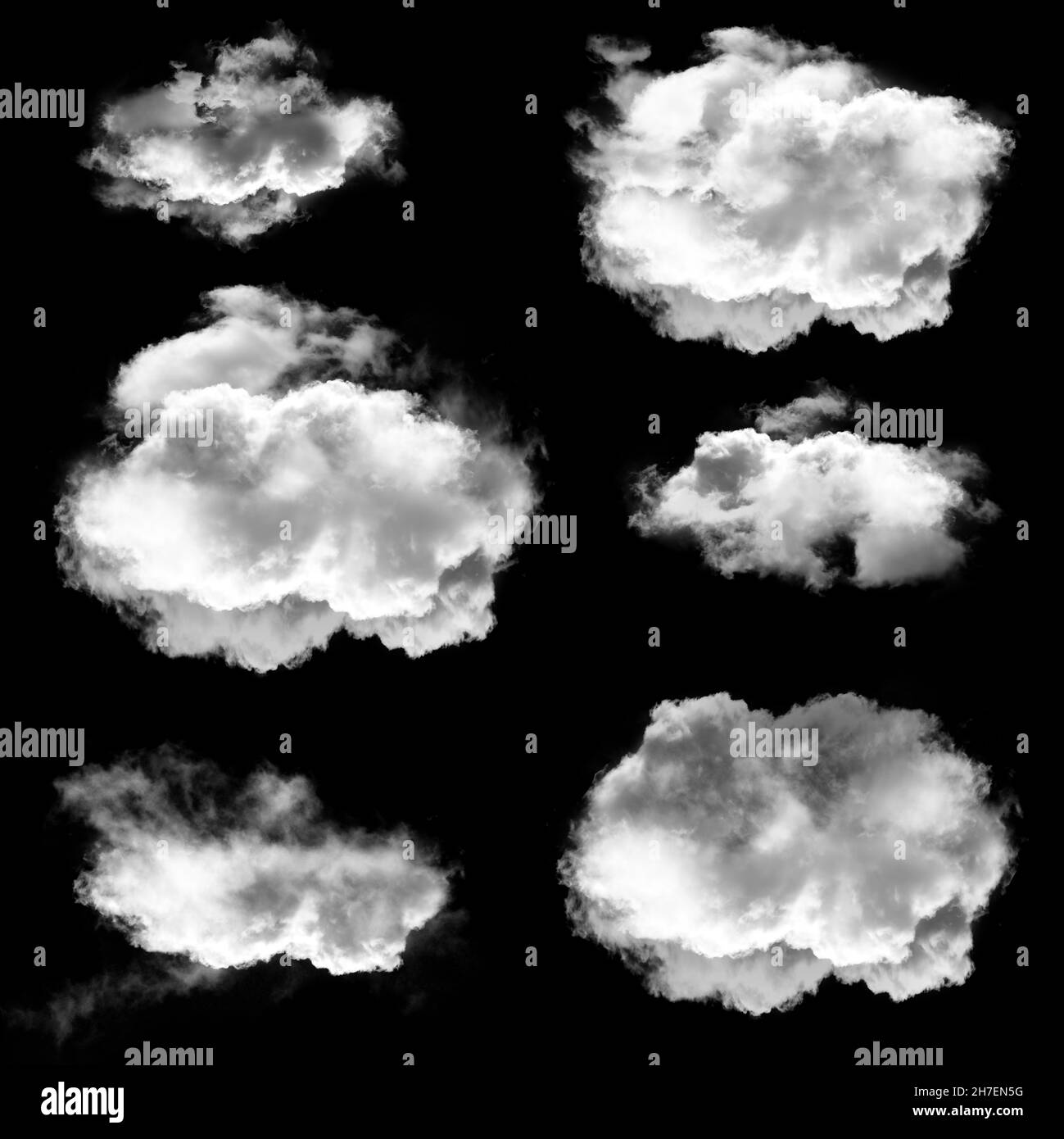 Beautiful clouds isolated over black background set, natural 3D rendering, smoke or fog 3D illustration collection Stock Photo