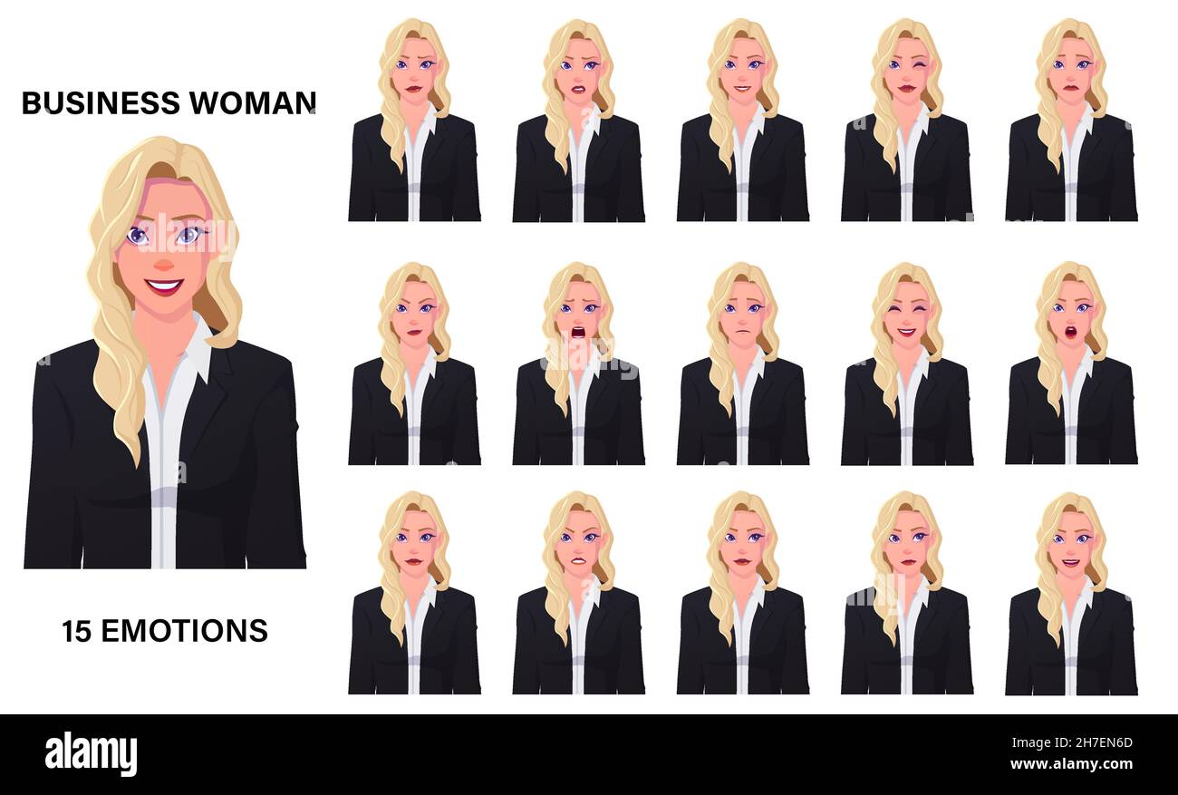 Beautiful Blond Caucasian Businesswoman In Black Suit Emotional Expressions Set Premium Stock Vector