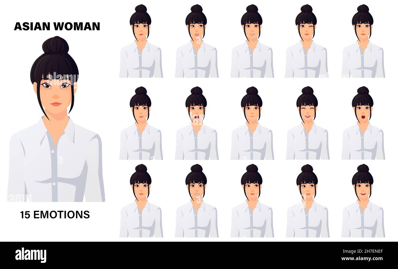 Asian Business Woman 15 Emotions And Facial Expressions Set Premium Vector Stock Vector
