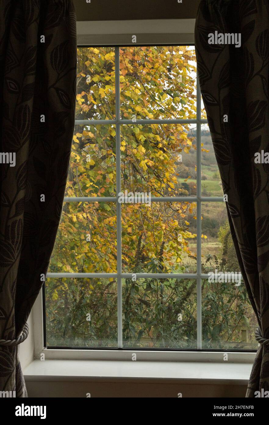 An autumn view outside a Georgian window in Yorkshire, England. Stock Photo