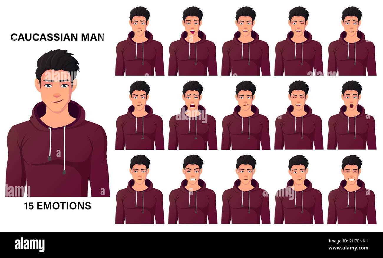 Fit Caucasian Man In Red Hoodie Showing Diffrent Emotions And Facial Expressions Premium Vector Stock Vector
