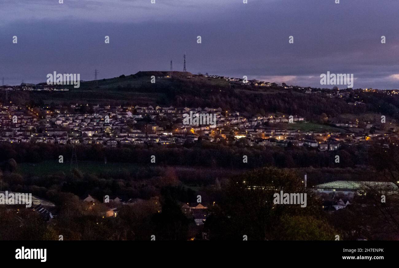 Looking across to Wrose, Bradford at Dusk. Radio and TV masts are on the hill in the distance. Stock Photo