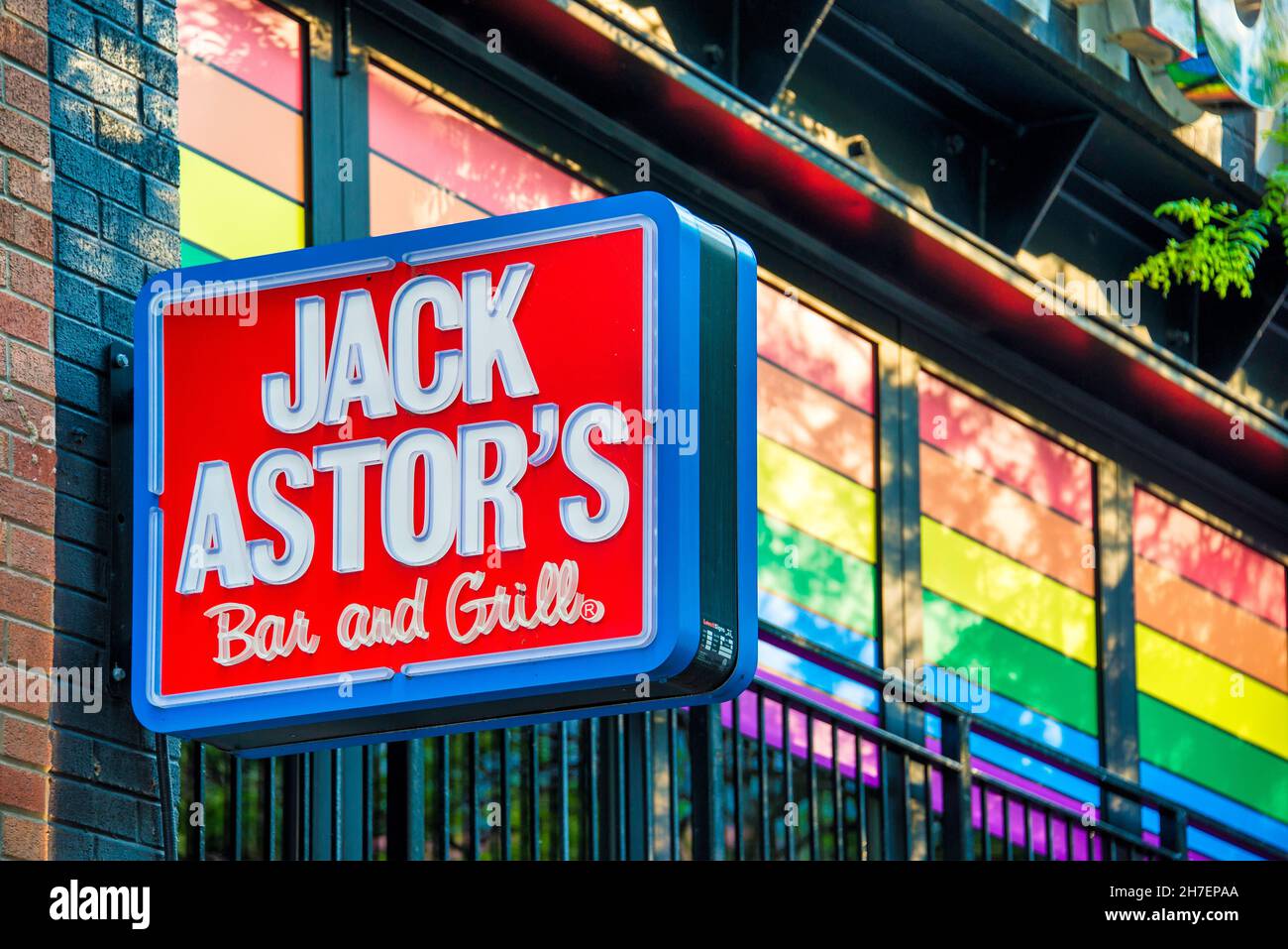 Jack Astor's bar and grill business showing a Pride Rainbow in the background. Nov. 22, 2021 Stock Photo