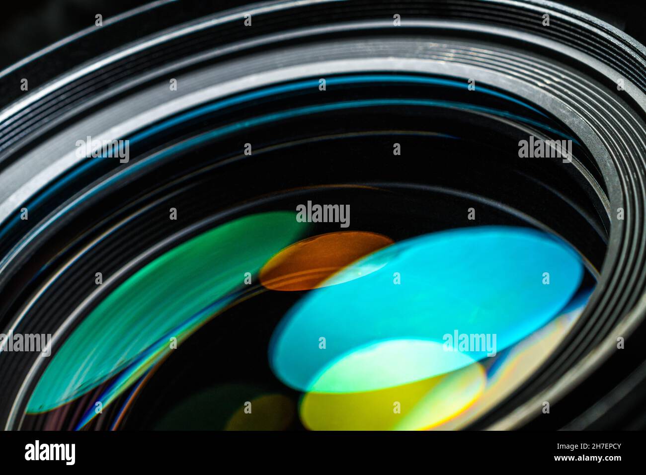 Camera lens with beautiful optical highlights. Macro photography, full
