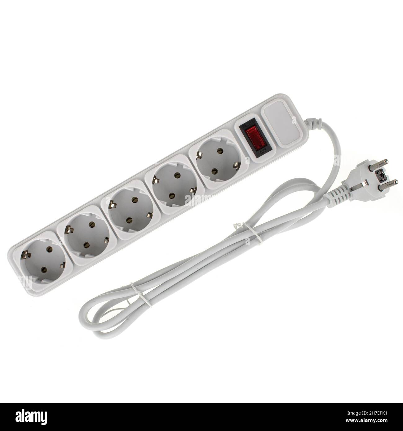 Surge protector, fiveport extension cord, on a white background Stock