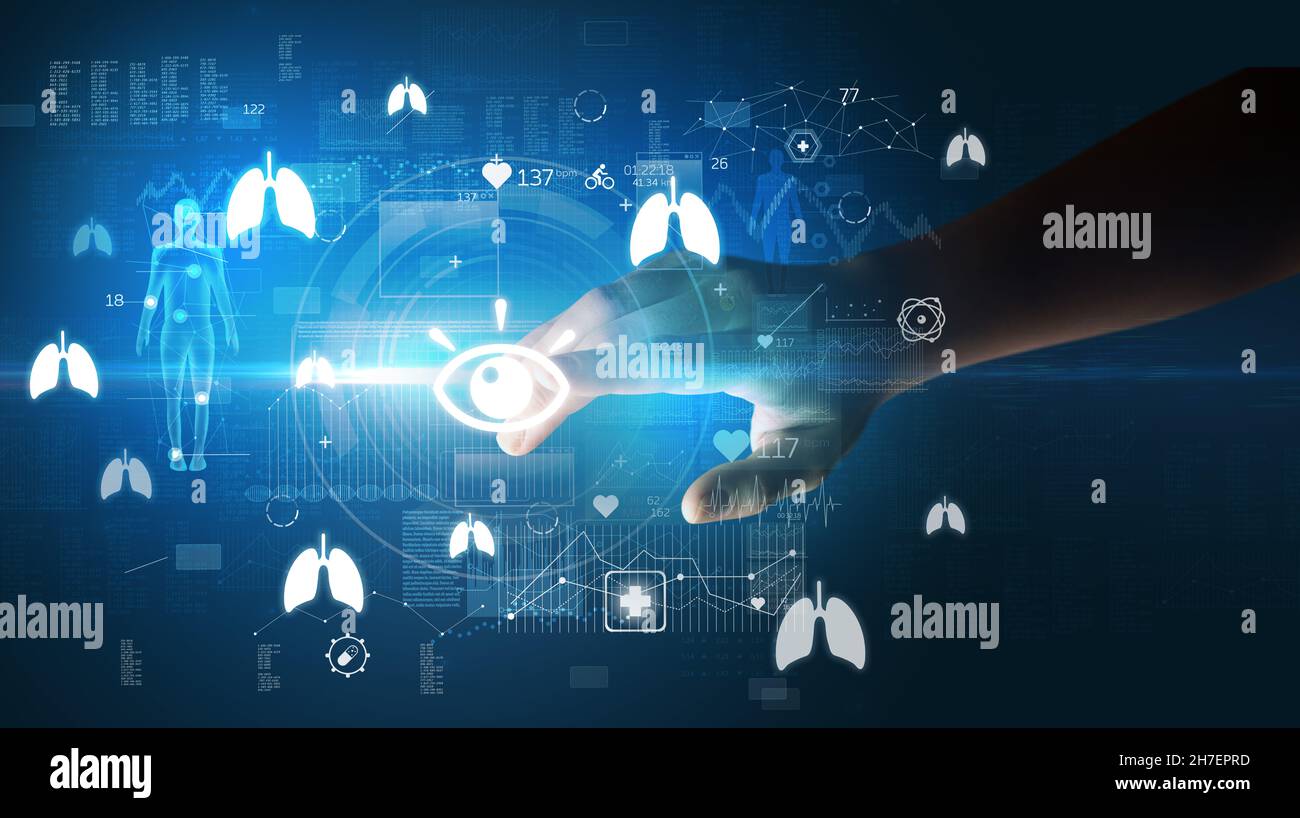 Doctor hand pressing futuristic health device with medical symbol on ...