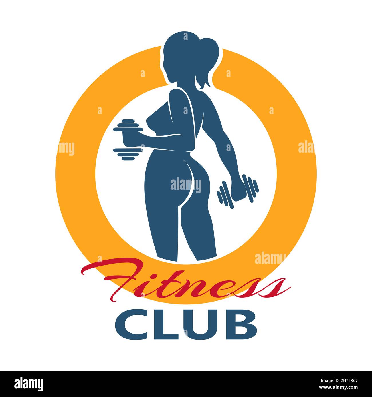 Fitness club logo or emblem with woman silhouette. Woman holds dumbbells. Isolated on white background. Stock Vector