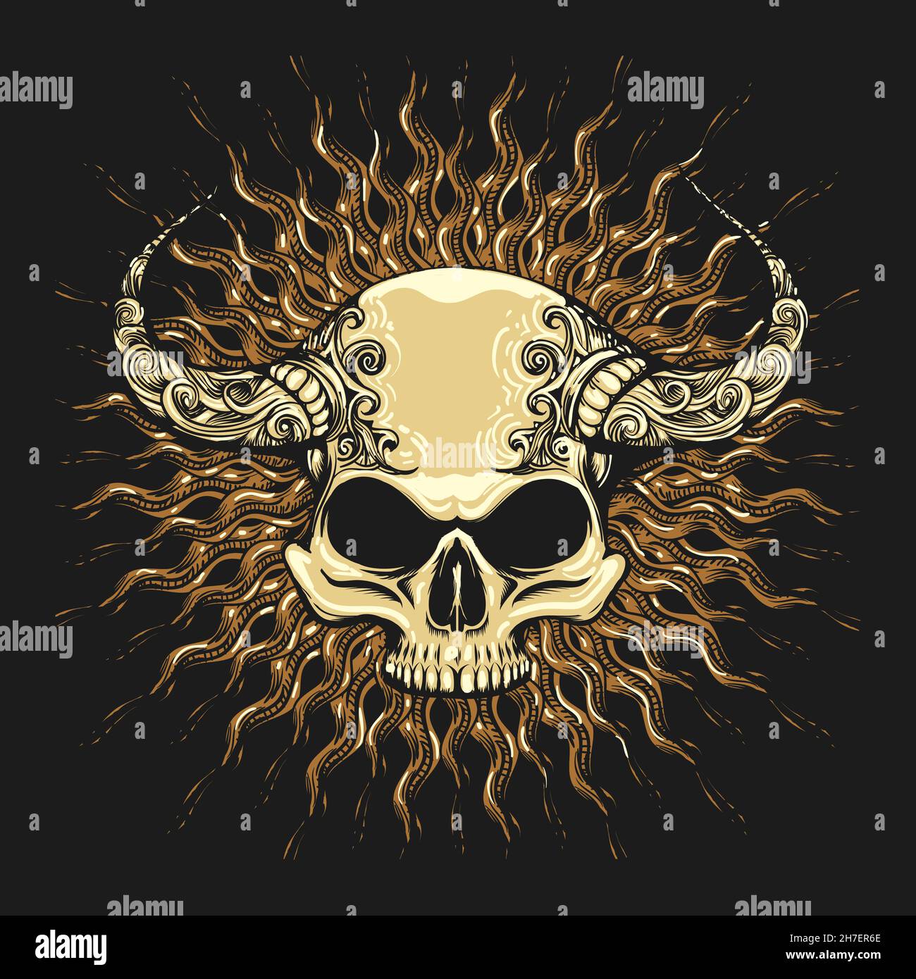 tattoo of Skull with Horns Drawn in Engraving Style isolated on black. Vector illustration. Stock Vector