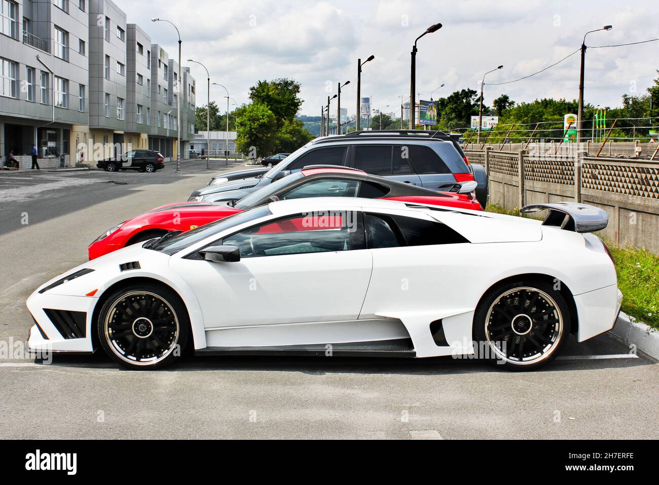 Kiev, Ukraine - July 30, 2011: Ferrari 599 GTB Fiorano Stallone Mansory and Lamborghini Murcielago IMSA Stock Photo