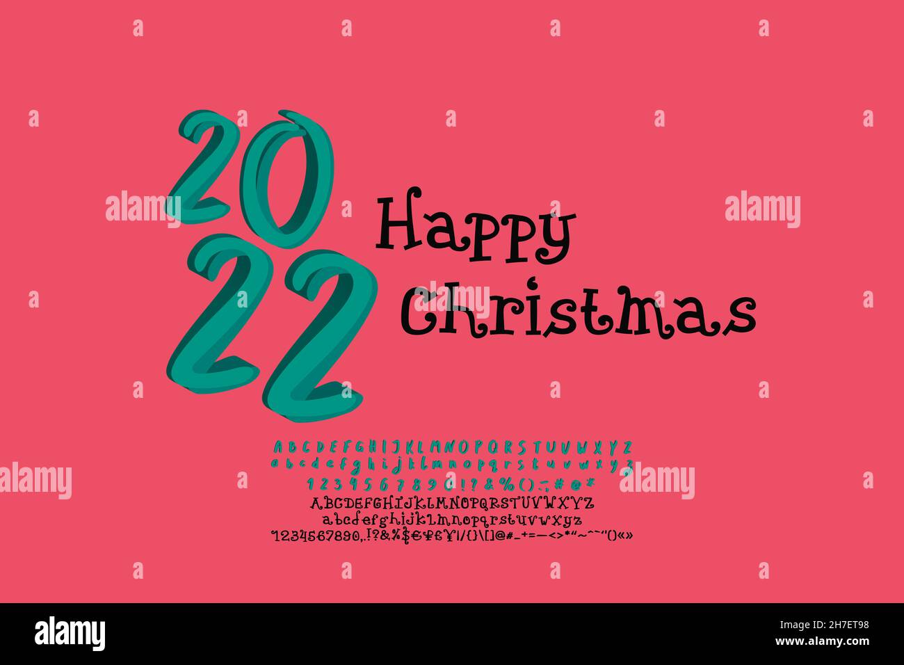 Bright poster retro style Happy Christmas. Green numbers and curly letters black color on red background. Originals hand drawn fonts. Stock Vector