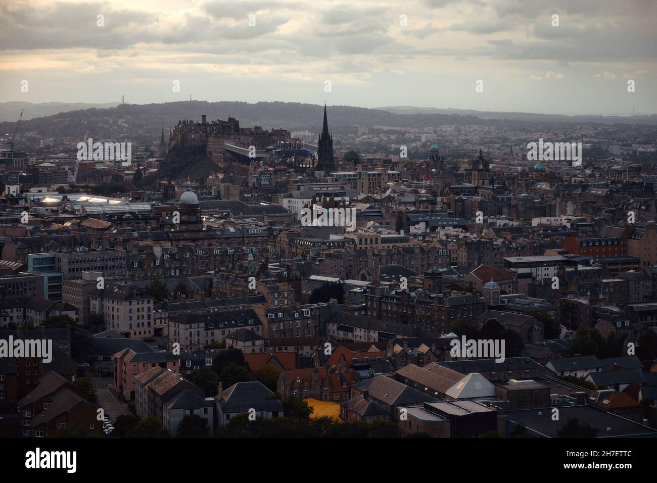 Top view of Edinburgh covered clouds and the Castle, Edinburgh, Scontald, United Kingdom Stock Photo