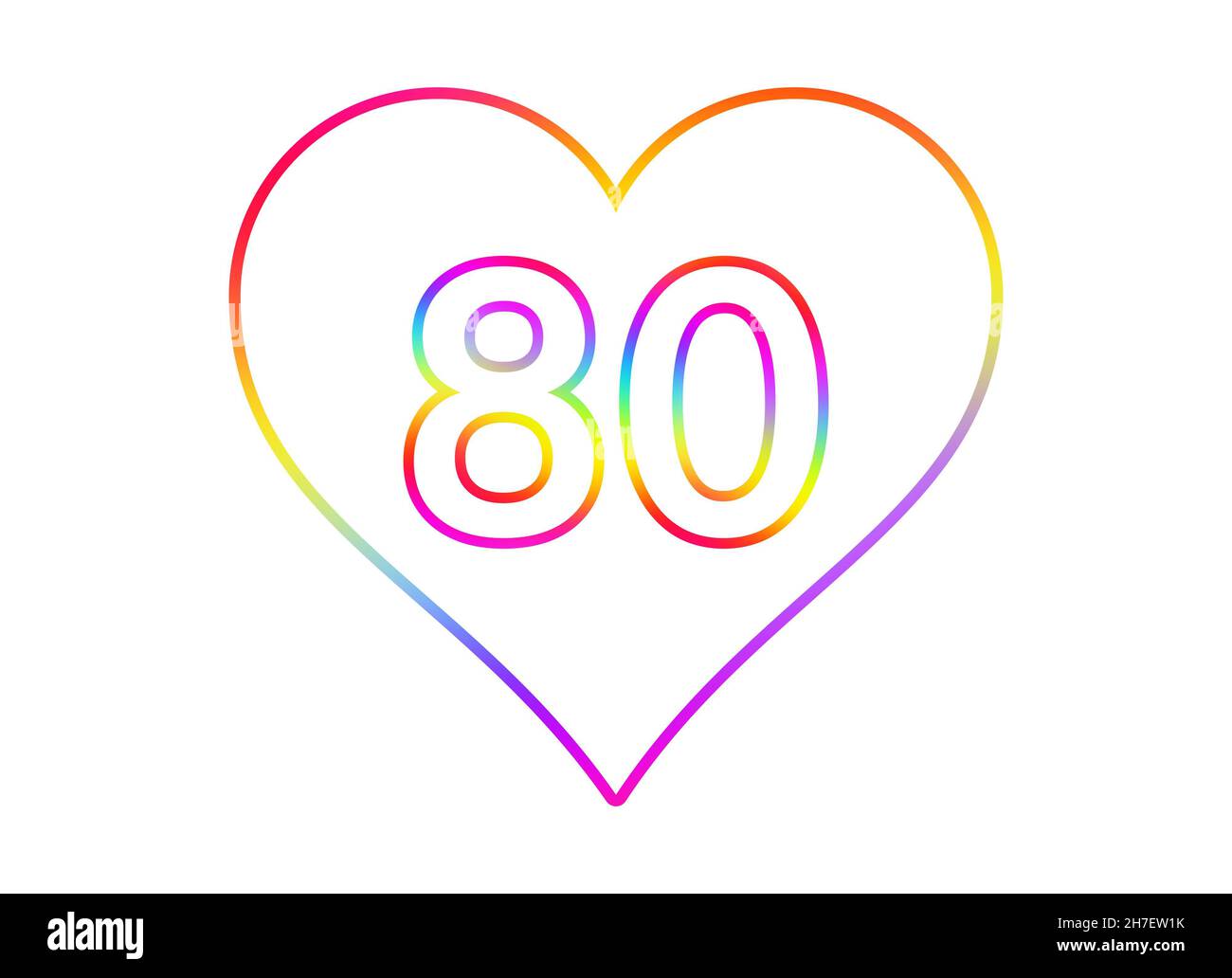 Number 80 into a white heart with rainbow color outline. Stock Photo