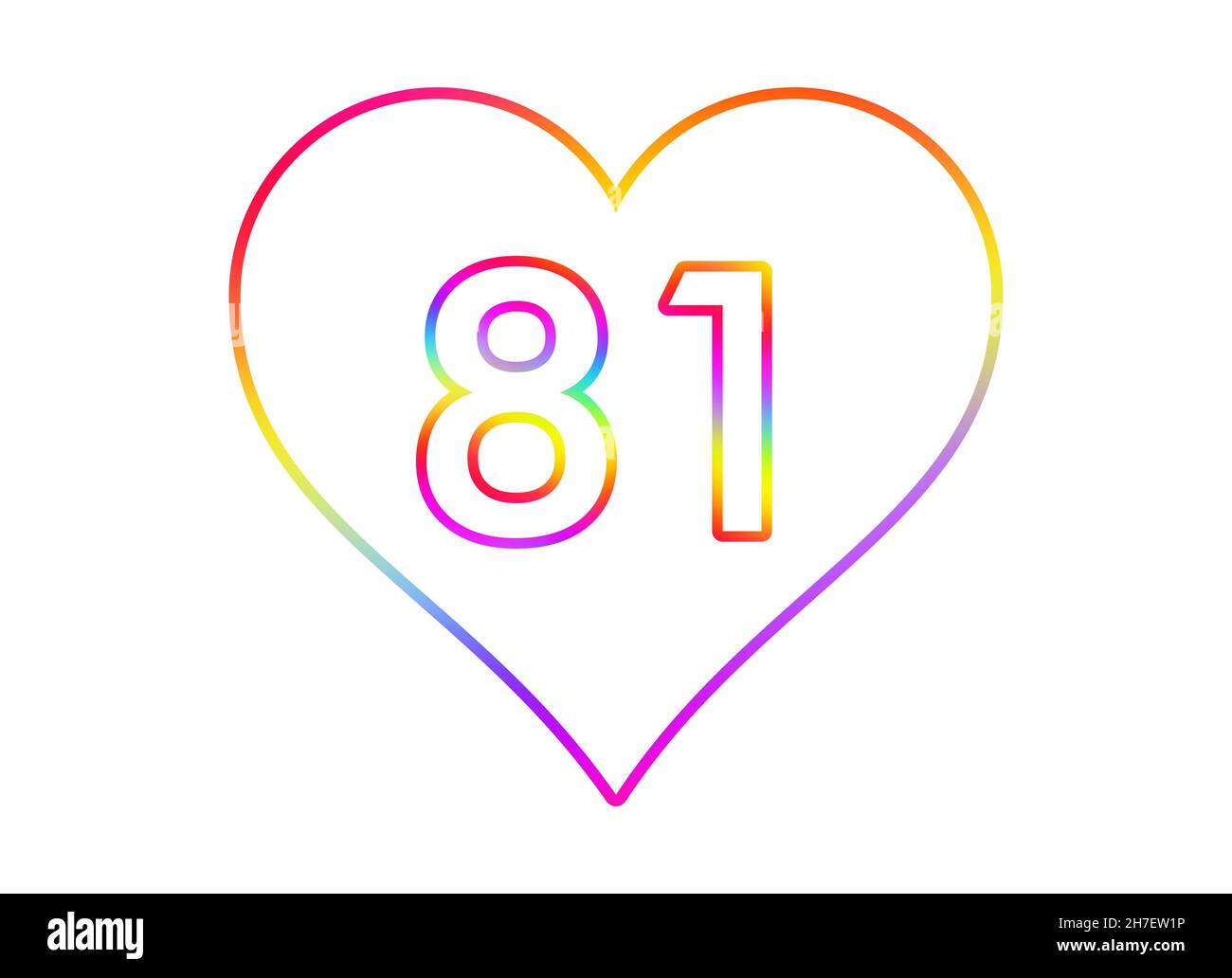 Number 81 into a white heart with rainbow color outline. Stock Photo