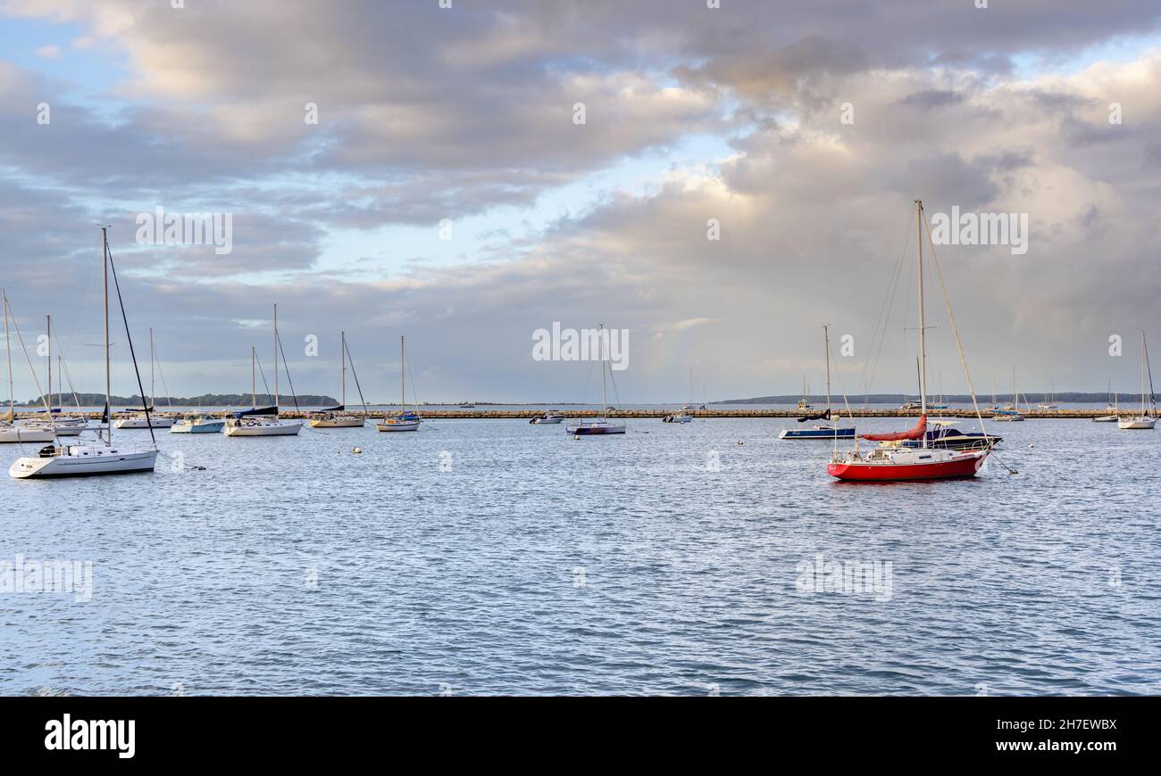 Landscape of boats on mooring in Sag Harbor, NY Stock Photo