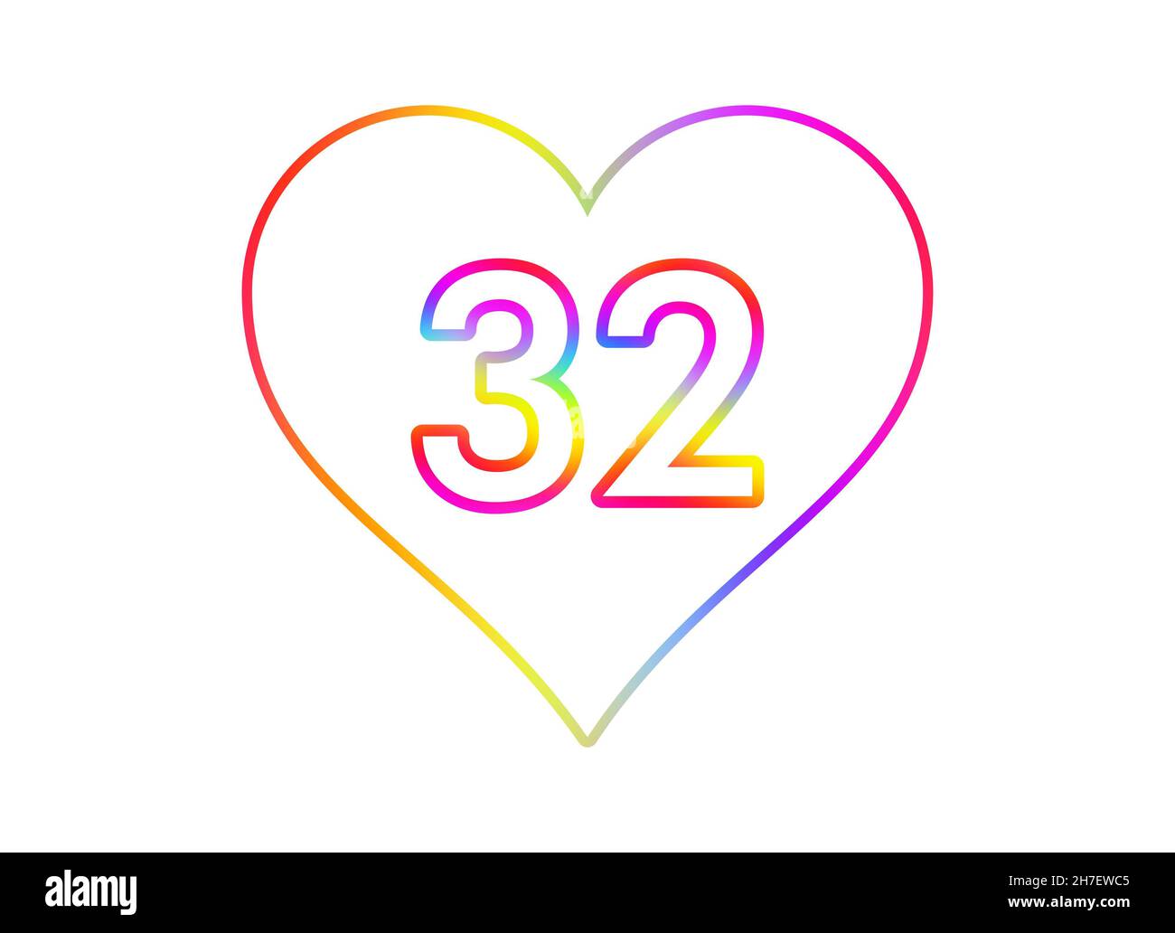 Number 32 into a white heart with rainbow color outline. Stock Photo