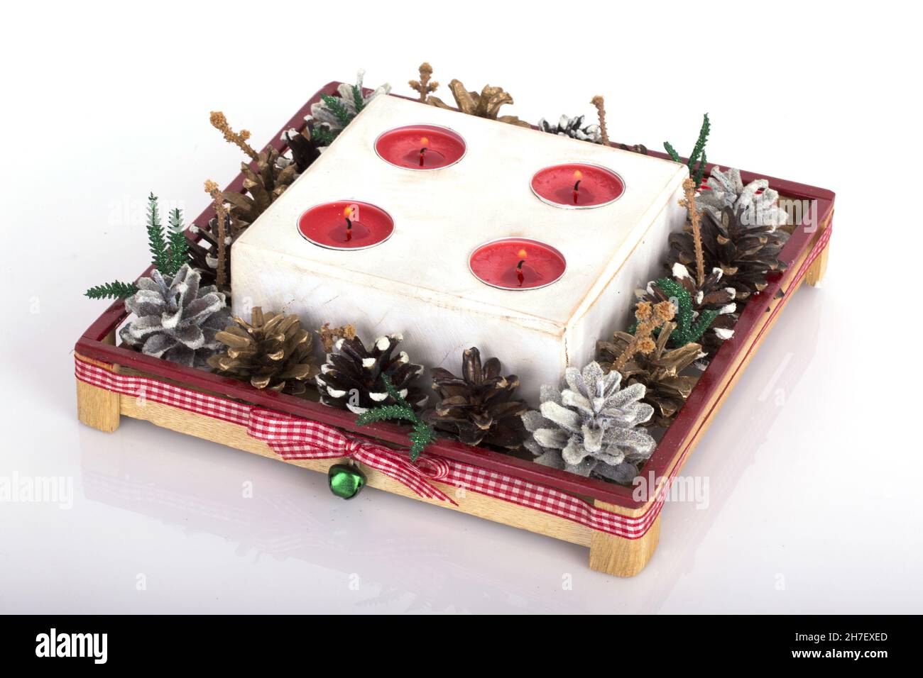 Wooden box with candlesticks isolated on a white background Stock Photo