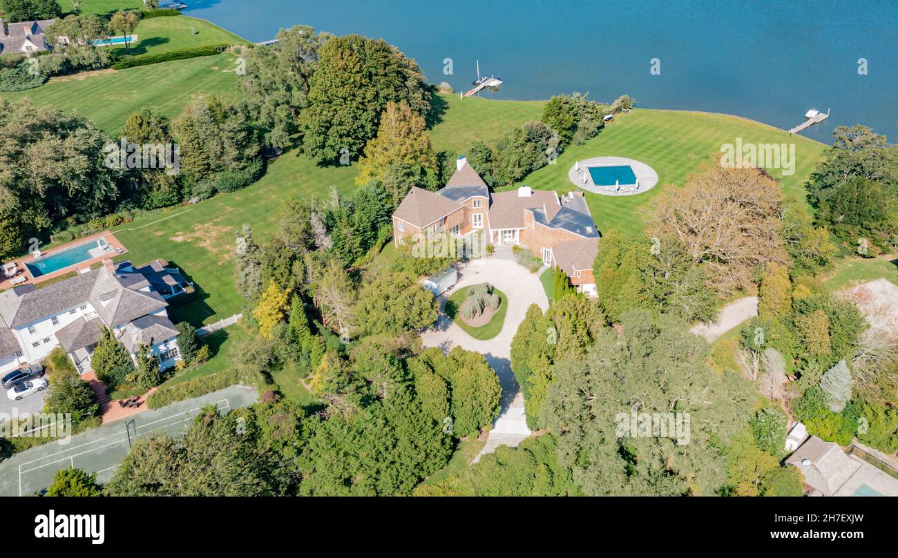 Aerial view of 61 Holly Lane and 49 Holly Lane in Watermill, NY Stock