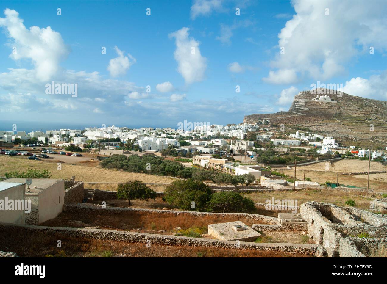 Beautiful Folegandros island, Greece. View of the charming old town.  Landscape aspect shot with copy space. Stock Photo