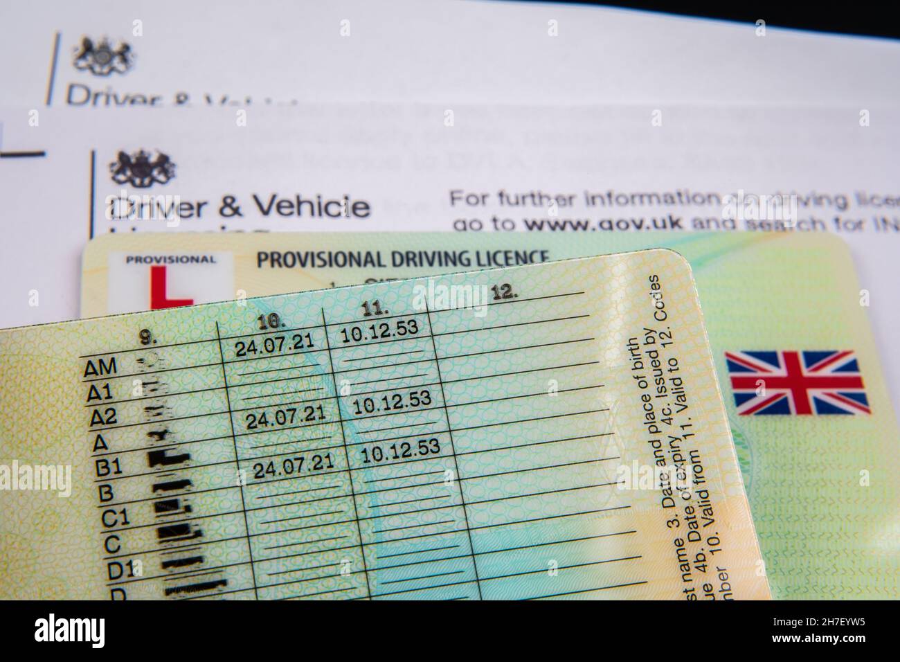 UK Provisional Driving Licence cards placed on top of the genuine letter form Driver and Vehicle Licensing Agency. Stafford, United Kingdom, November Stock Photo