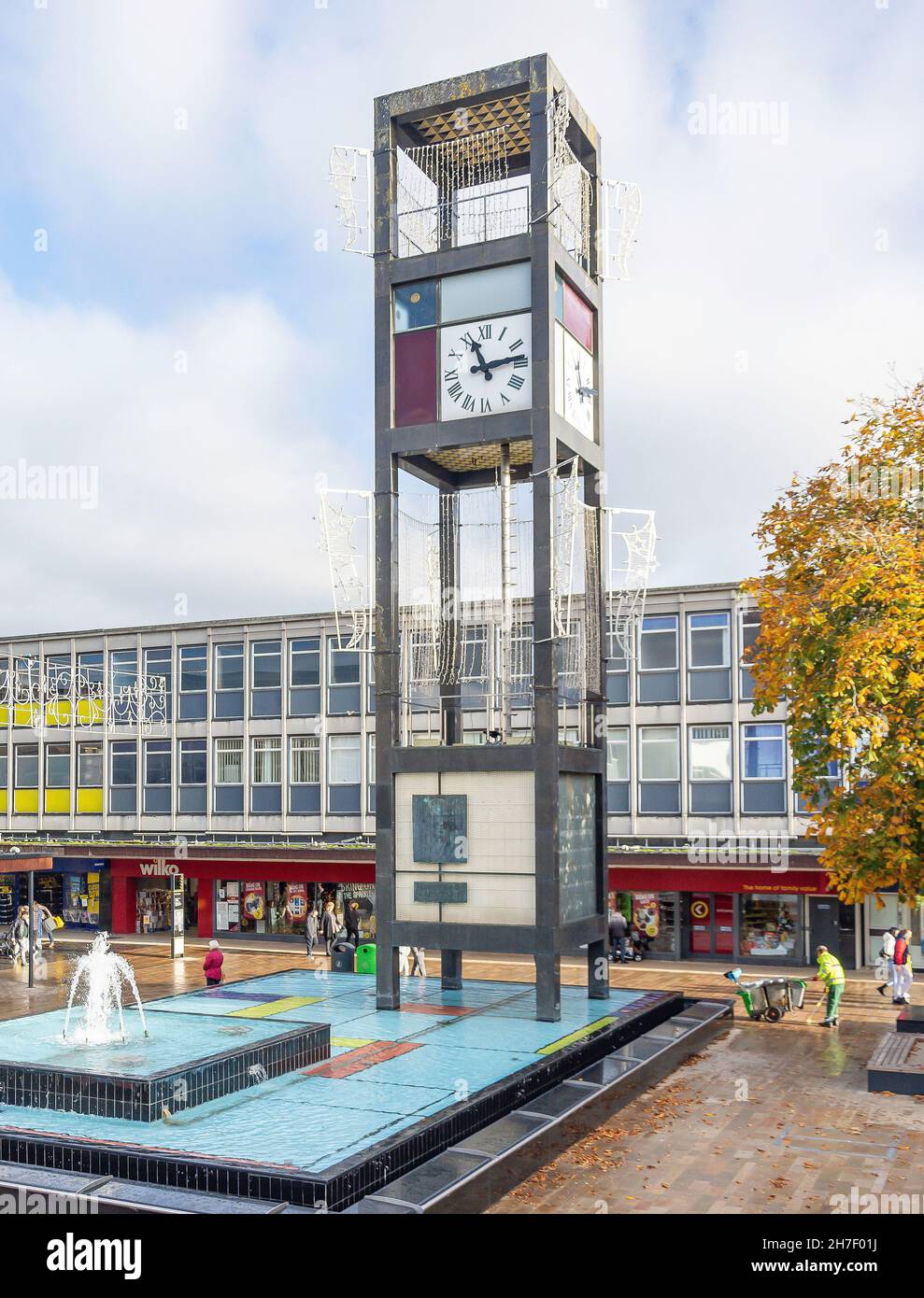 Clock tower and fountain, Town Square, Queensway, Stevenage, Hertfordshire, England, United Kingdom Stock Photo