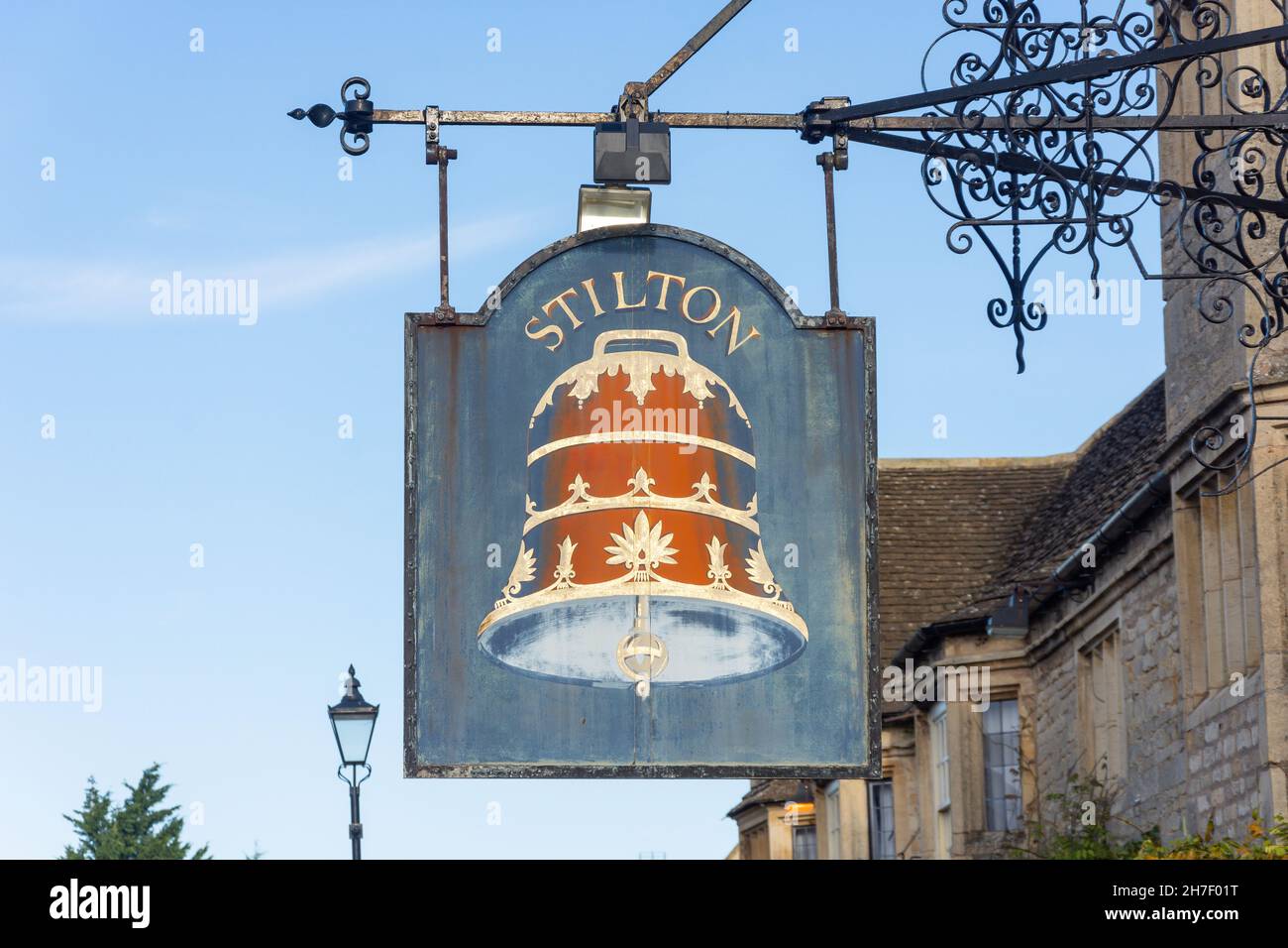 Pub sign, 15th century The Bell Inn, High Street, Stilton, Cambridgeshire, England, United Kingdom Stock Photo
