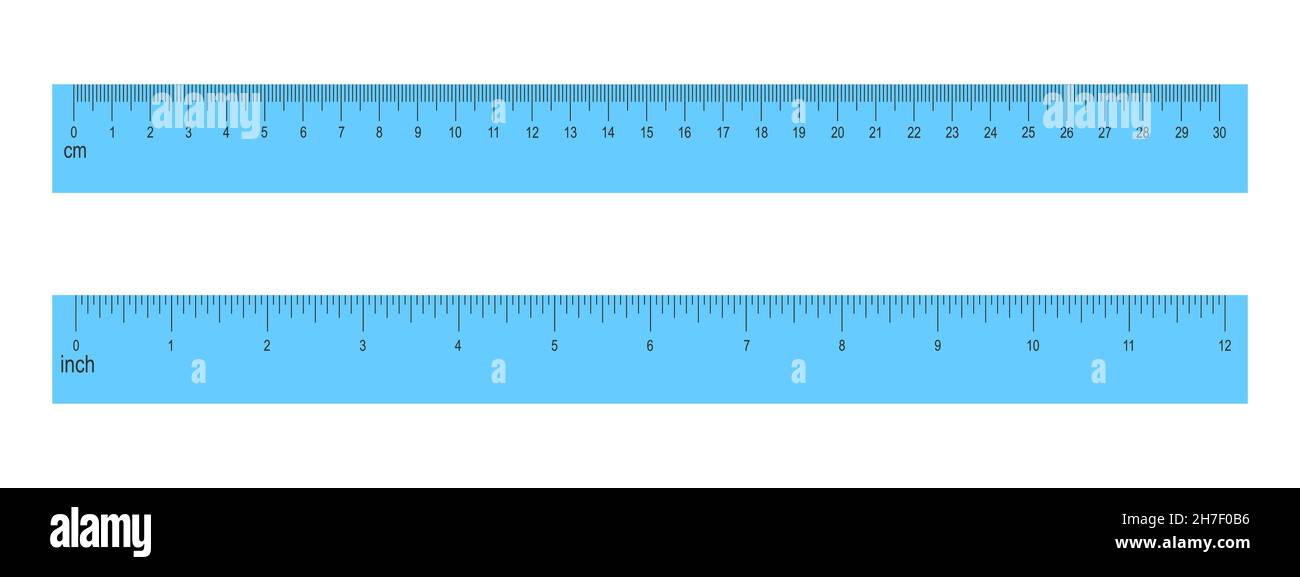 30 centimeters and 12 inches blue rulers isolated on white background. Math or geometric tool for distance, height or length measurement with markup and numbers. Vector flat illustration. Stock Vector
