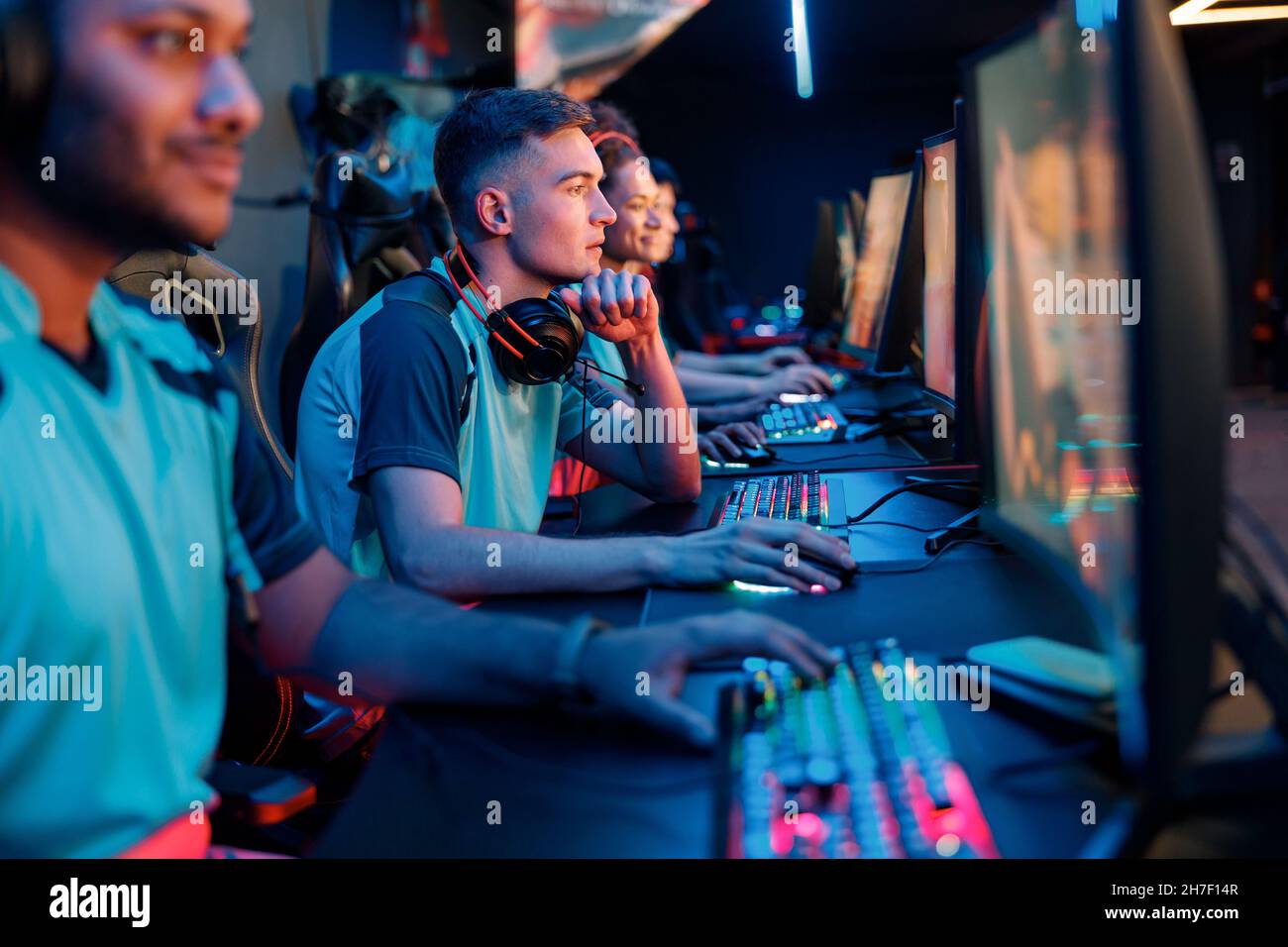 Professional player playing important match in cyber club Stock Photo