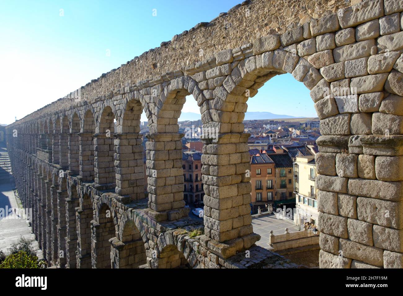 Roman aqueduct arches in Segovia, Spain. UNESCO World Heritage Site Stock Photo