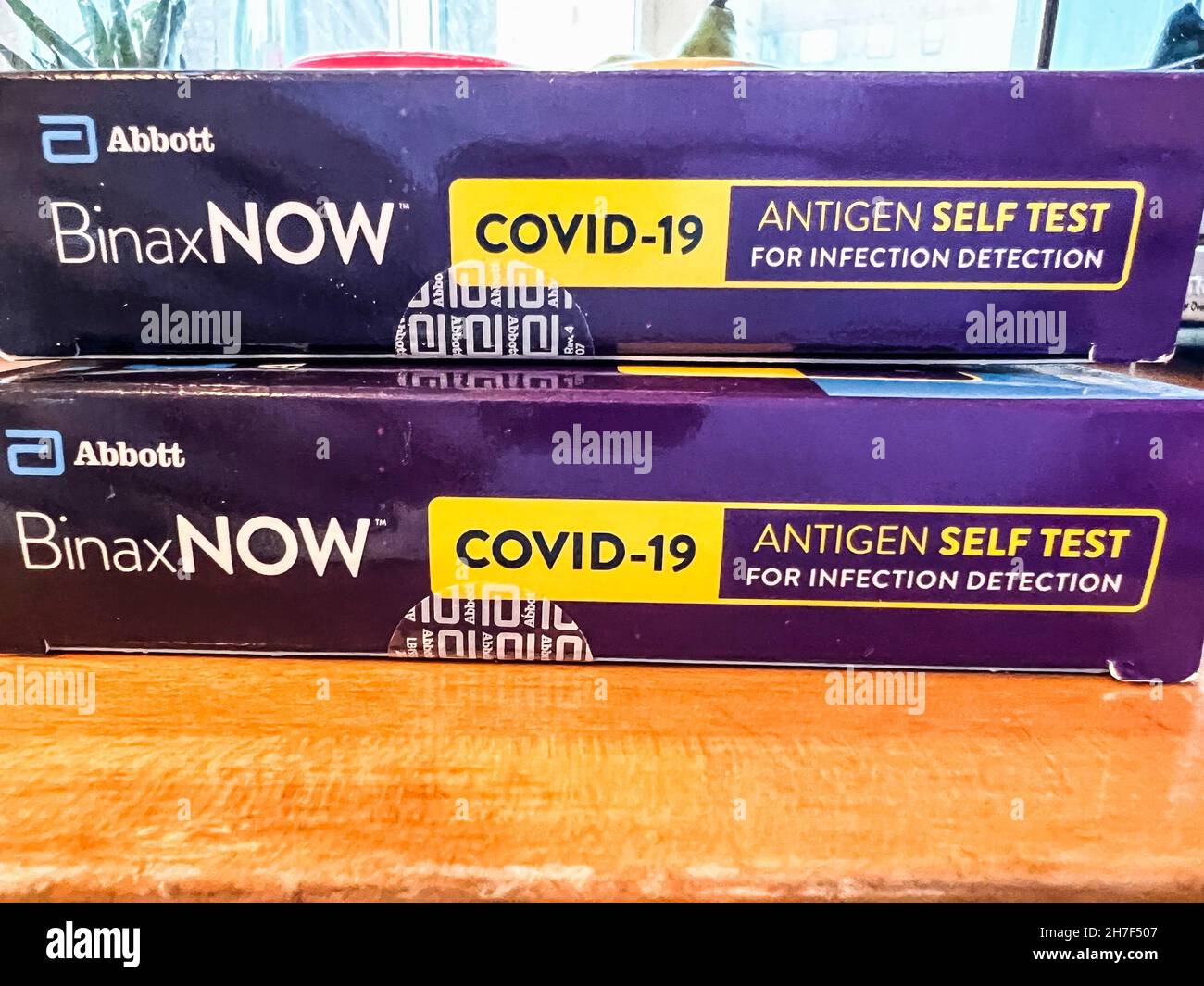 The BinaxNOW COVID19 Self Test by Abbott Laboratories is displayed in