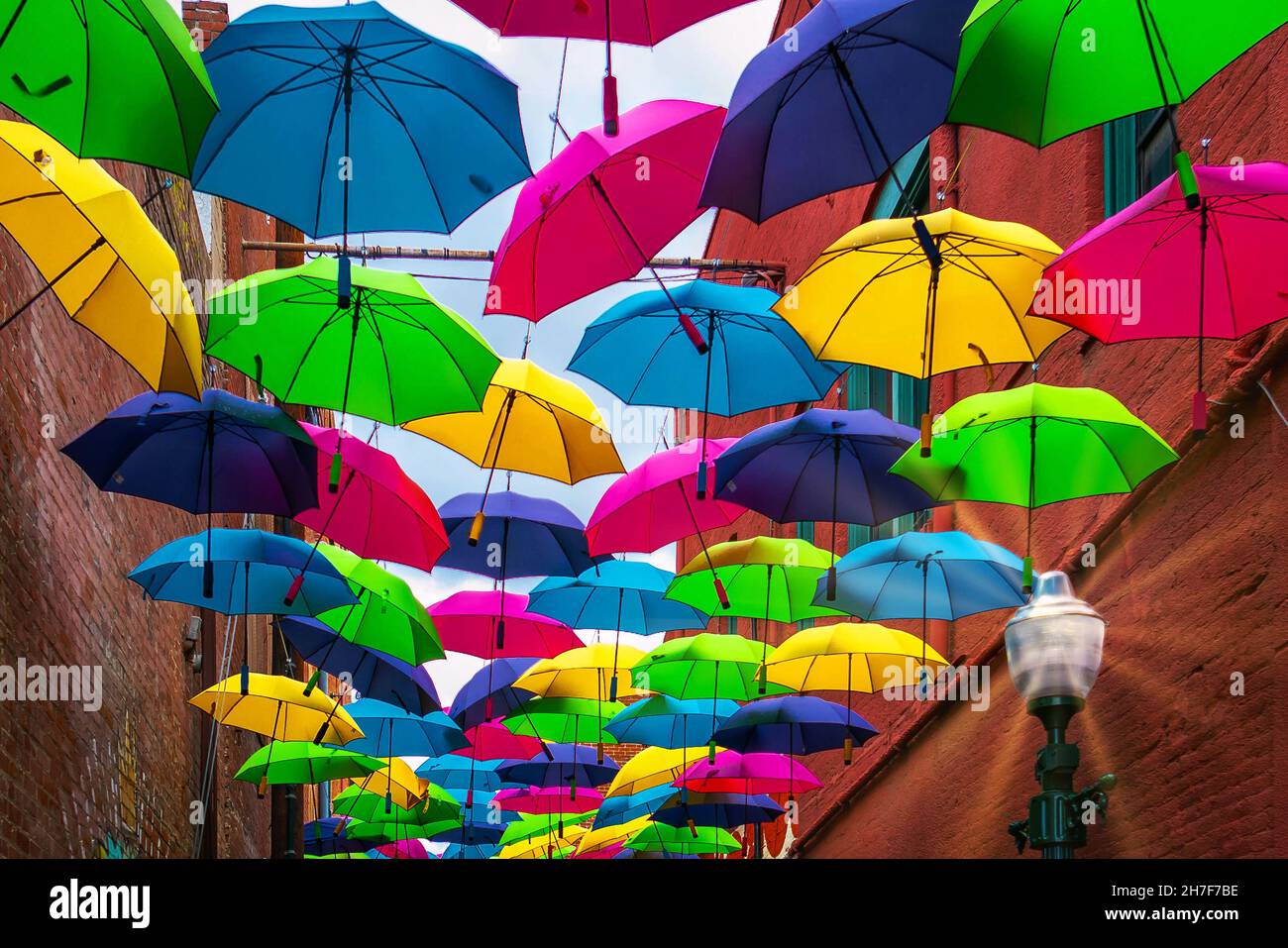 Colorful Umbrellas in an alley, Redlands, California Stock Photo Alamy