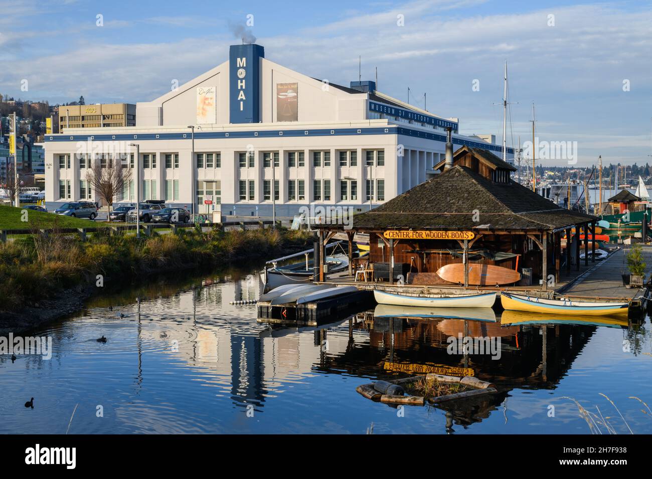 Seattle - November 21, 2021; The Museum of History and Industry or MOHI and the Center for Wooden Boats at South Lake Union in Seattle Stock Photo