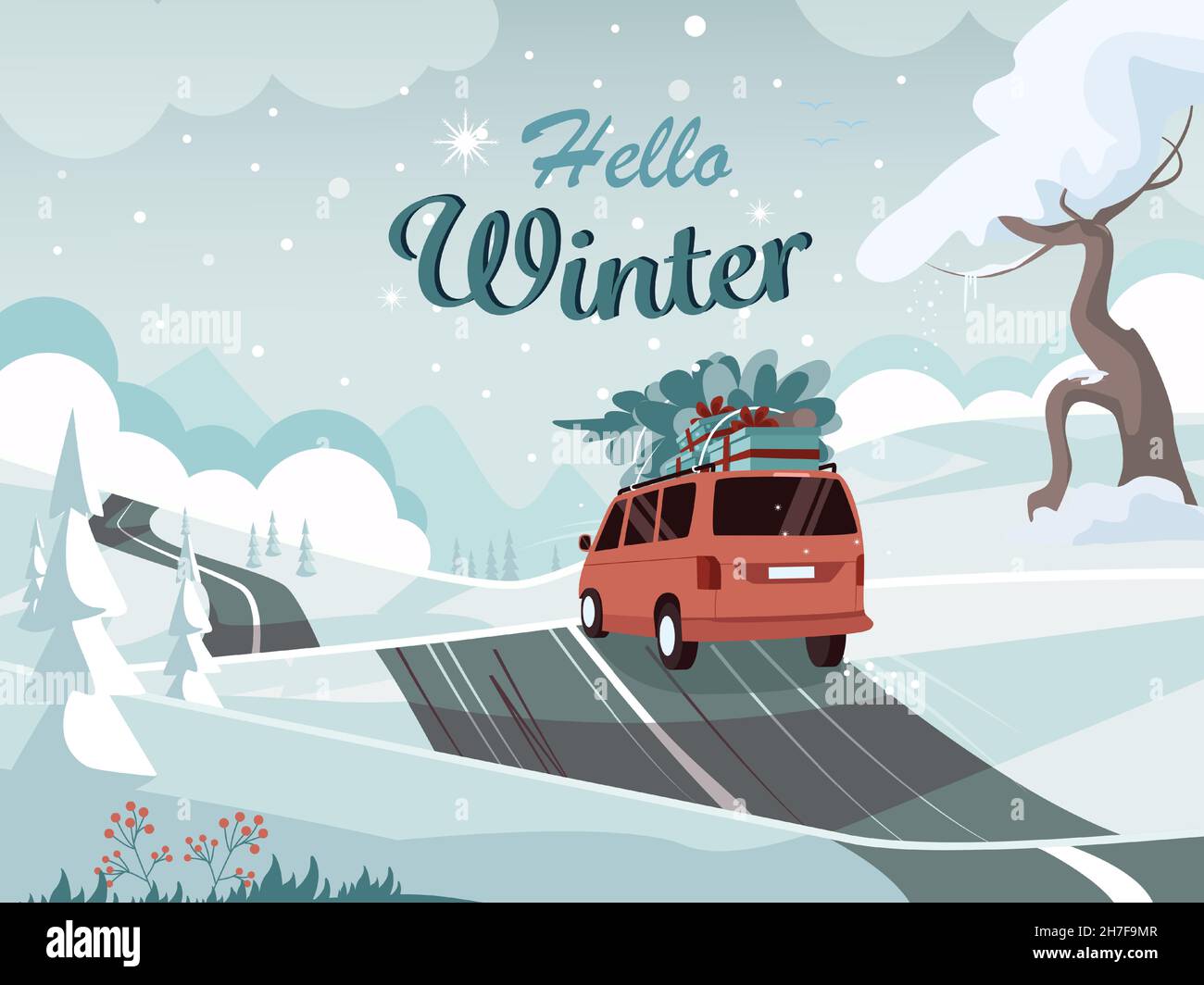 Beautiful winter landscape. Landscape with a cute van on the road with christmas tree and gigts. Xmas concept. Vector illustration in flat style. Stock Vector