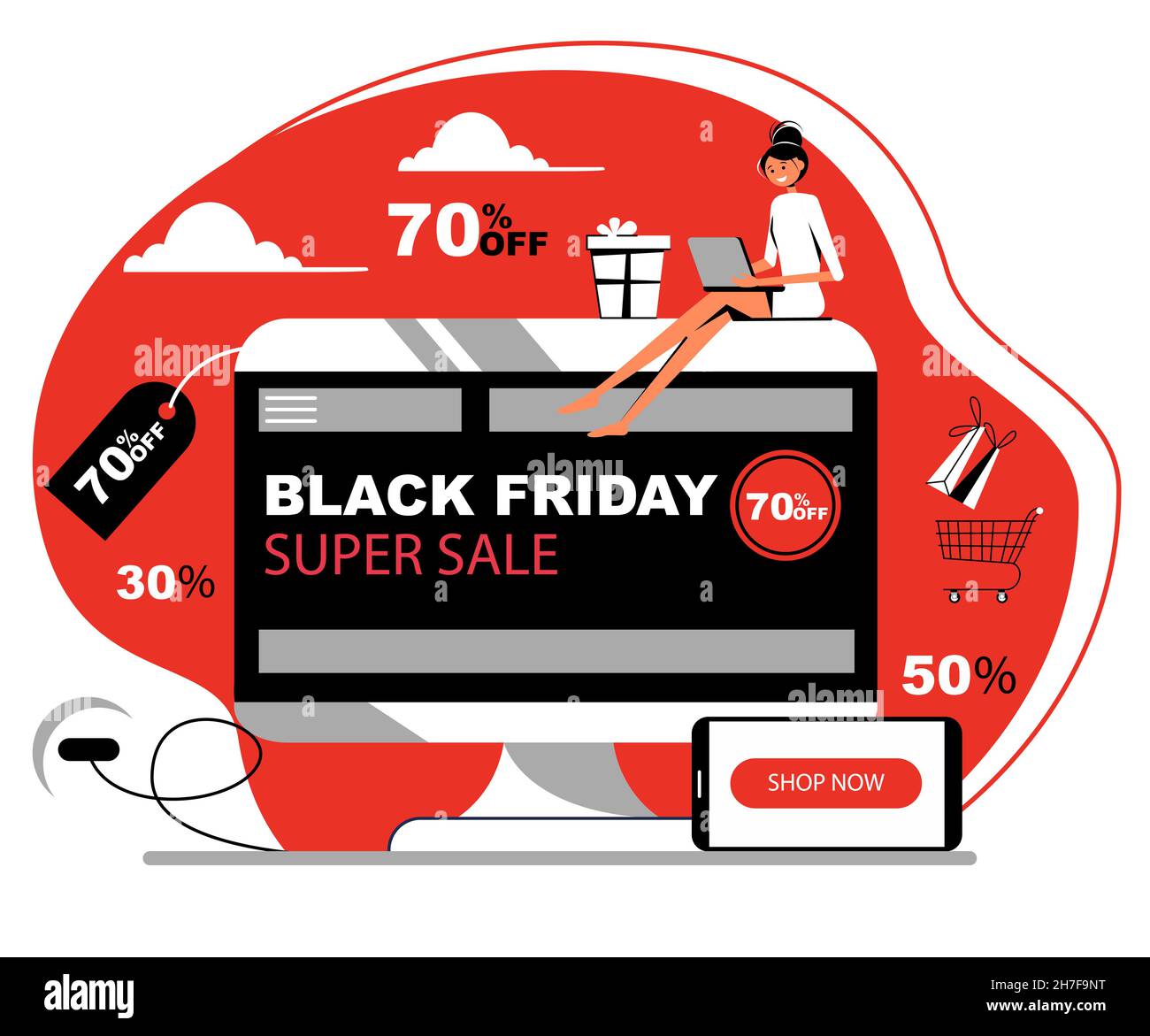 Black friday. Modern flat design concept with desktop computer, smartphone and woman. Sale. Online shopping. Stock Vector