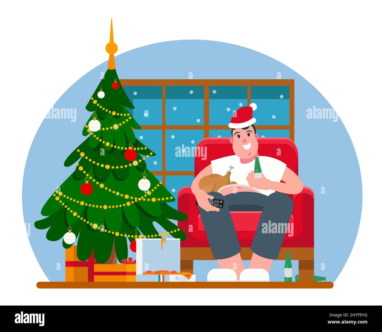 Fat man celebrates Christmas and New Year in an armchair with a Christmas tree and gifts, alcohol and a turkey. A man watches TV with pizza. Vector. Stock Vector