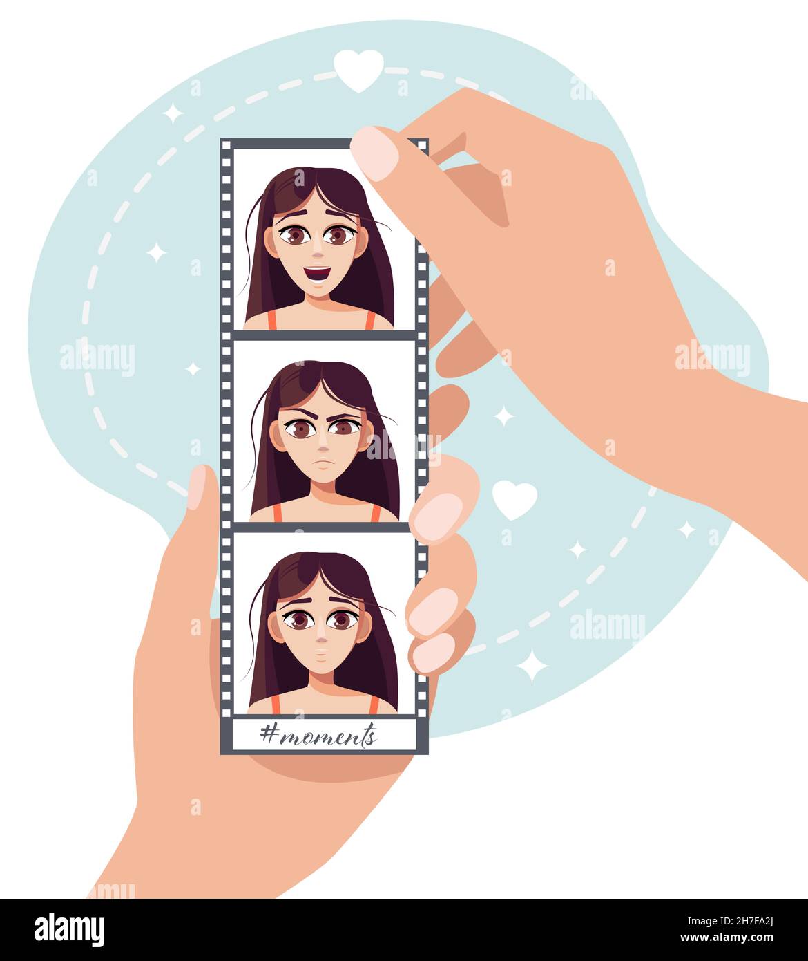 Hands hold photographs with the girl's emotions. Moments from the past. Vector illustration. Stock Vector