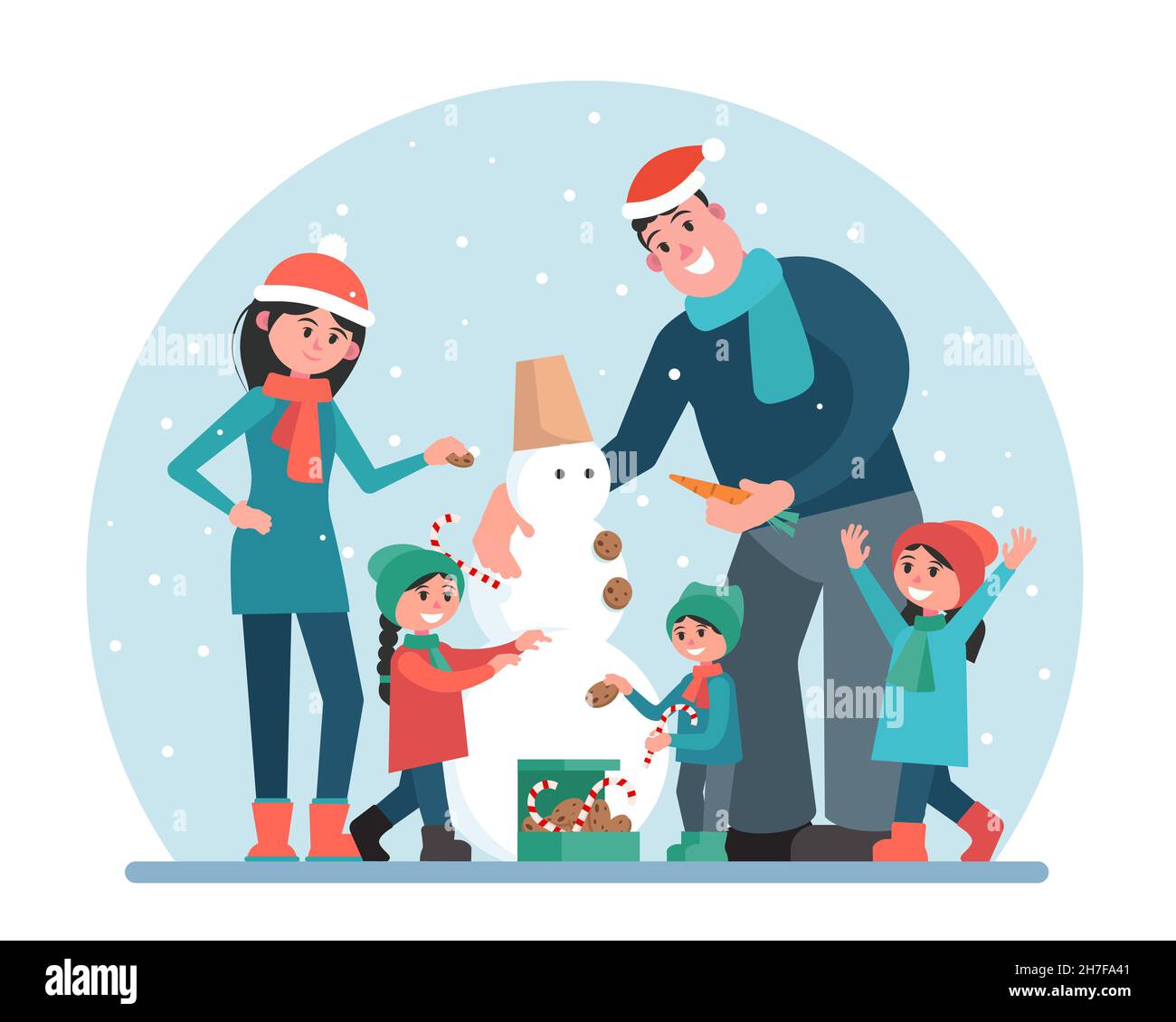 Happy family sculpt and decorate a snowman. Mom, dad, daughters and son